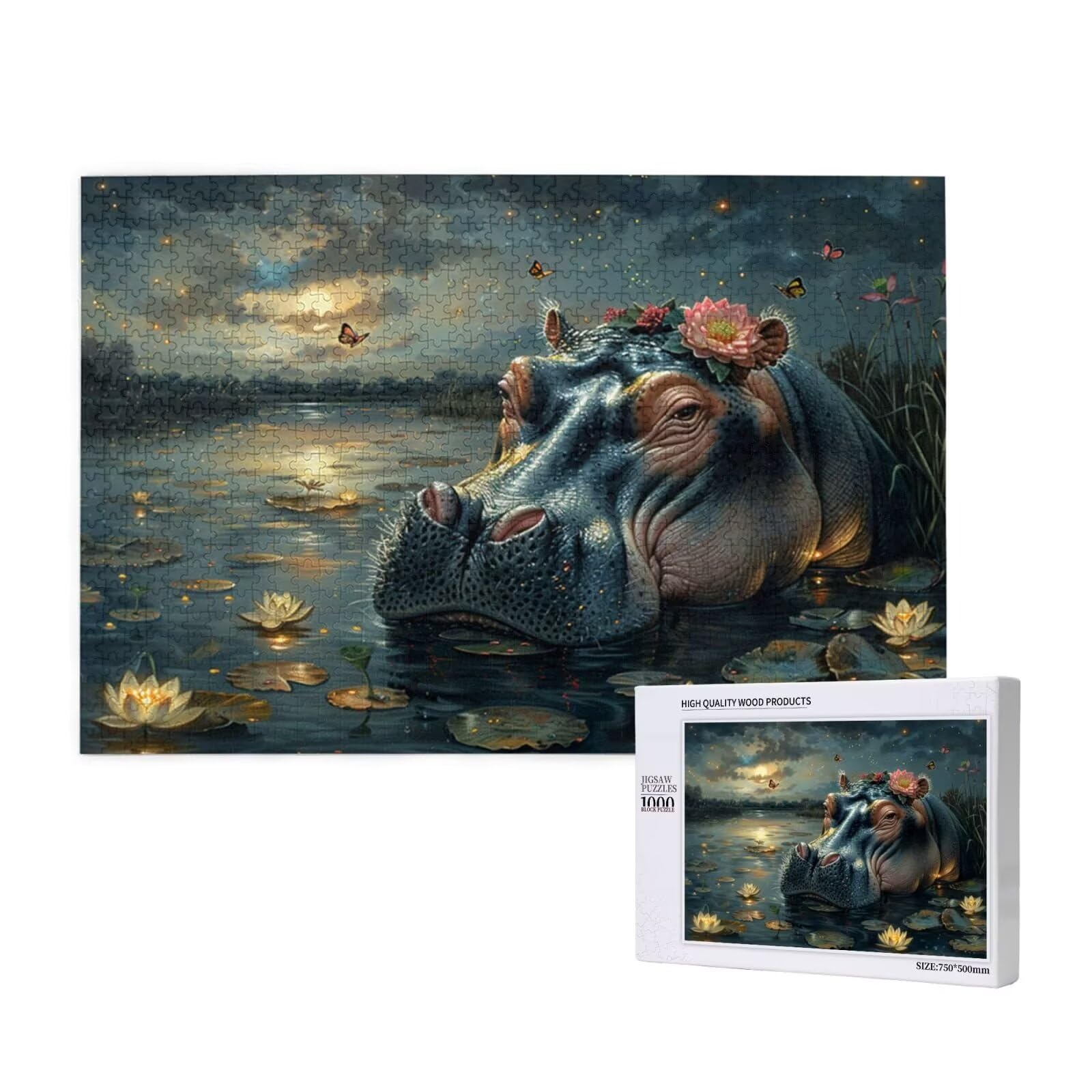 Hippo Puzzles for Adults 1000 Pieces Large, 5D DIY Puzzles Arts Puzzle for Women and Man, Jigsaw Puzzles with Gift Box Packaging for Womens Gifts for