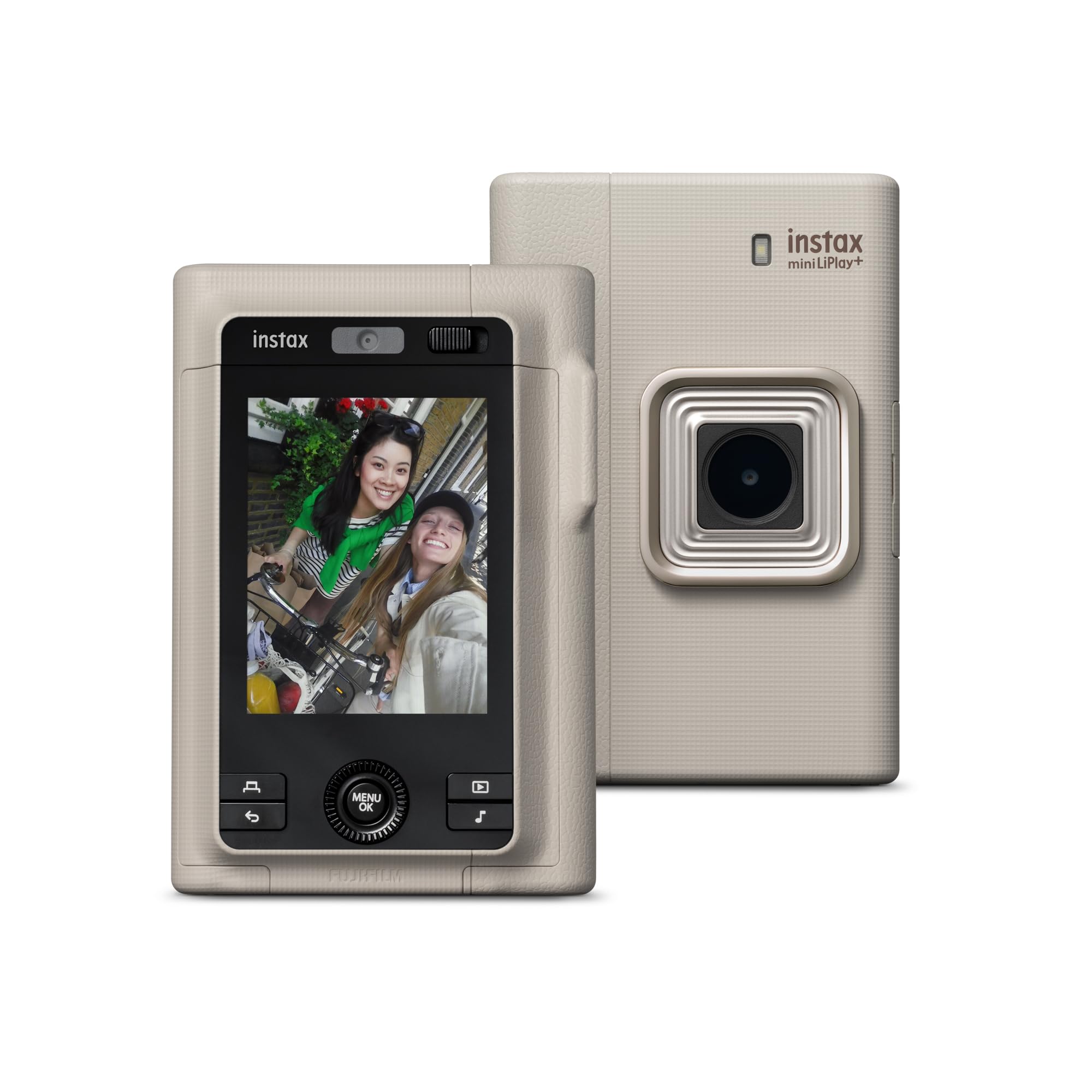 FUJIFILM instax mini LiPlay+™ Hybrid-Sofortbildkamera | 2-in-1 Hybrid-Kamera mit Smartphonedrucker, Sound Print für Bilder mit Ton, Dual Lens Selfie Kamera mit LCD Display & App Steuerung | Sand Beige