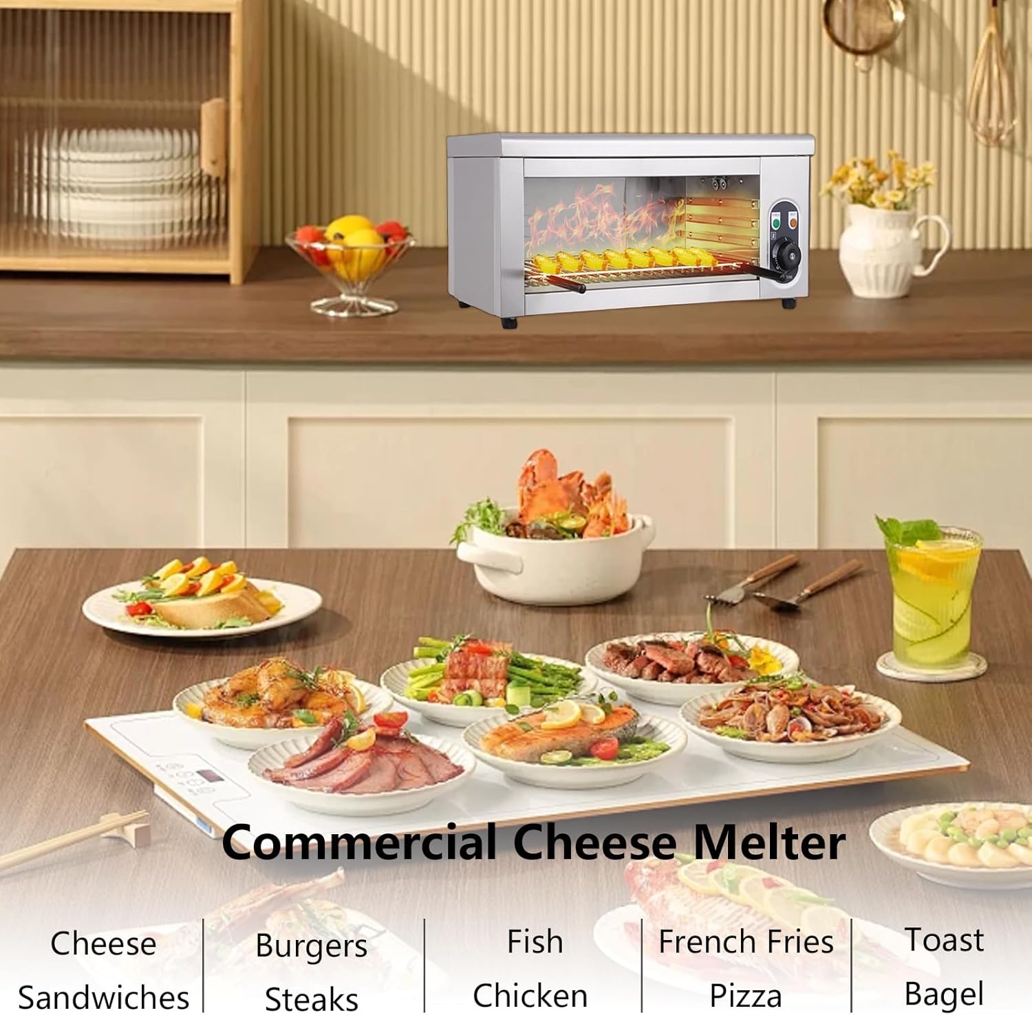 Cheese Melter, 2000W Electric Steak Broiler, 110V Commercial Salamander Broiler Stainless Steel Cheese Melter Machine Countertop Turbofan Broiler for Melt Cheese, Toast Sandwiches, Grill Steaks