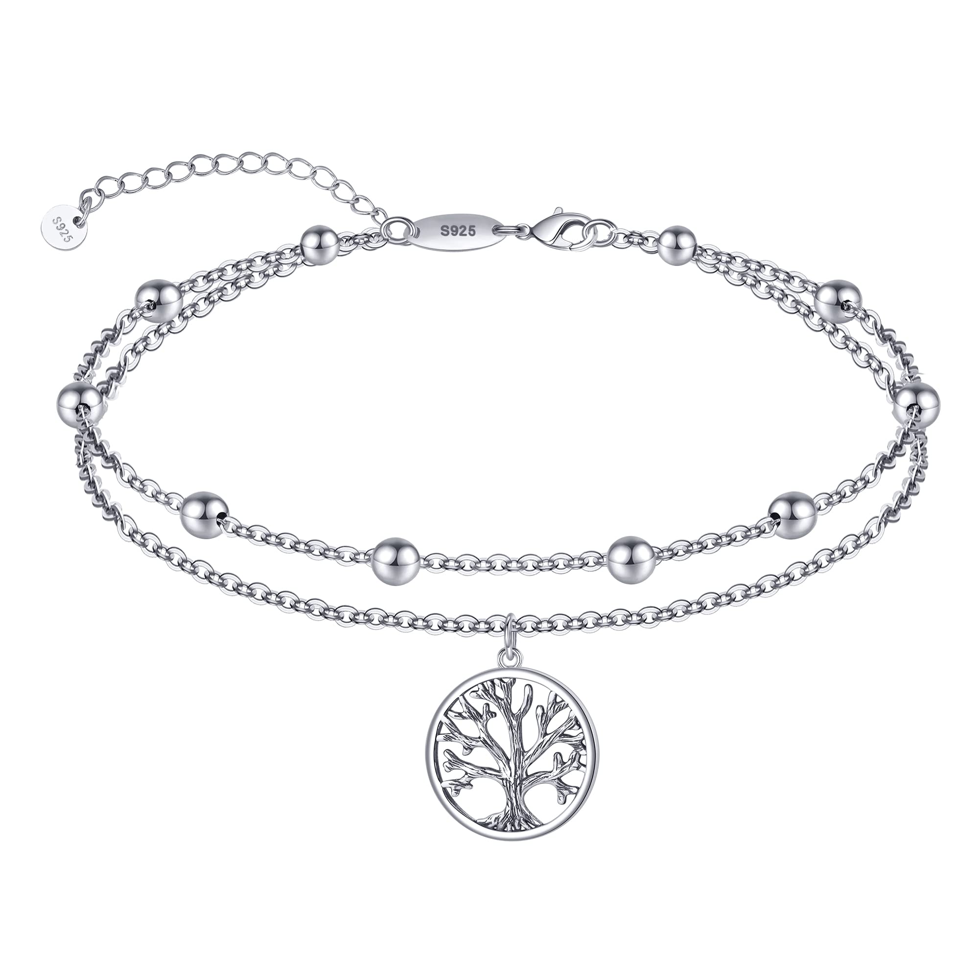 CHIC & ARTSY Frauen Fußkettchen Armband 925 Sterling Silber Baum des Lebens Fußkettchen Armband zierlich geschichtetes Fußkettchen Armband Boho weiße Fußkettchen Armband für Frauen
