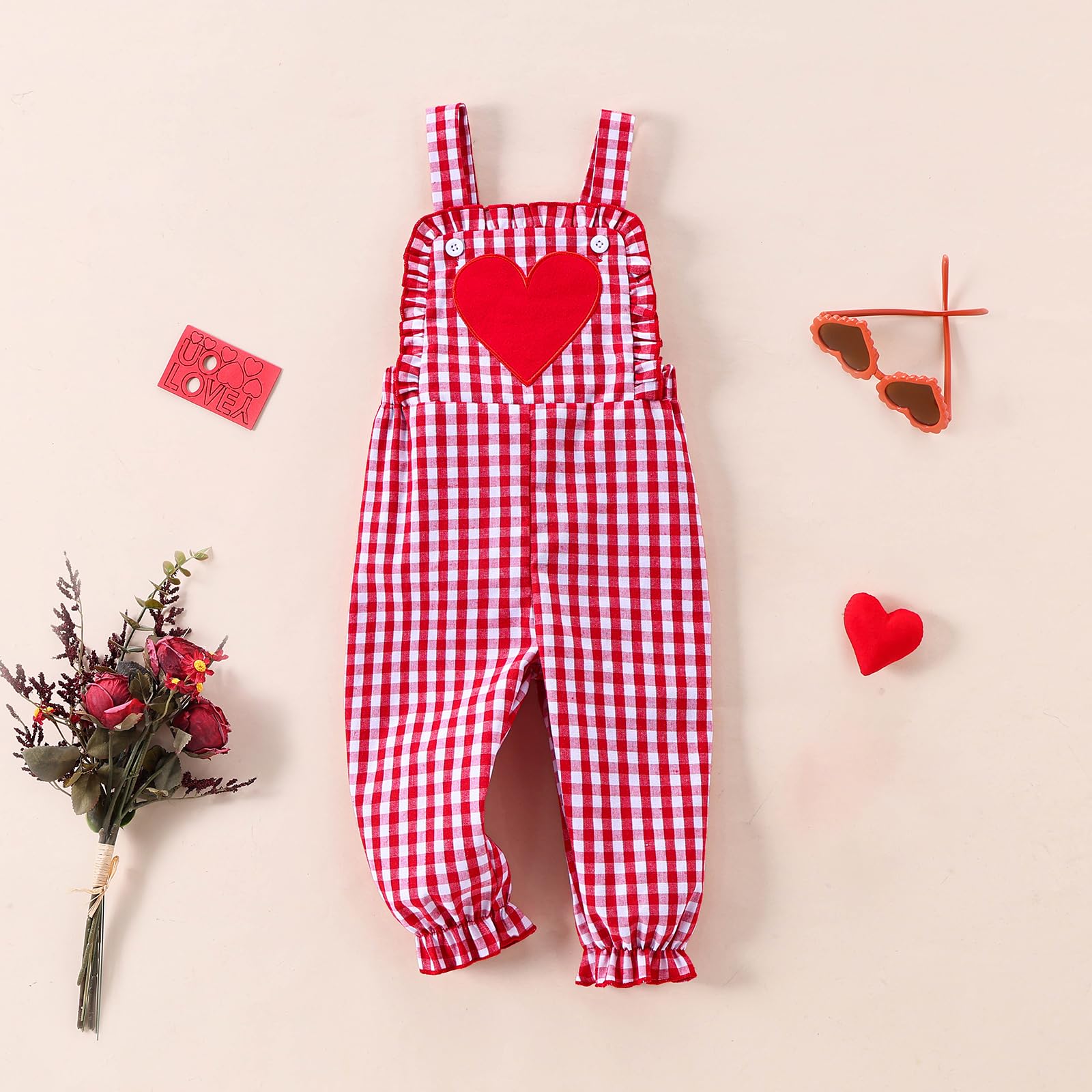 BSaogr Baby Girl Overalls Plaid Pants Valentine’s Day Outfit Cute Heart Printed Romper Suspender Pants Jumpsuit (Red, 0-6 Months)
