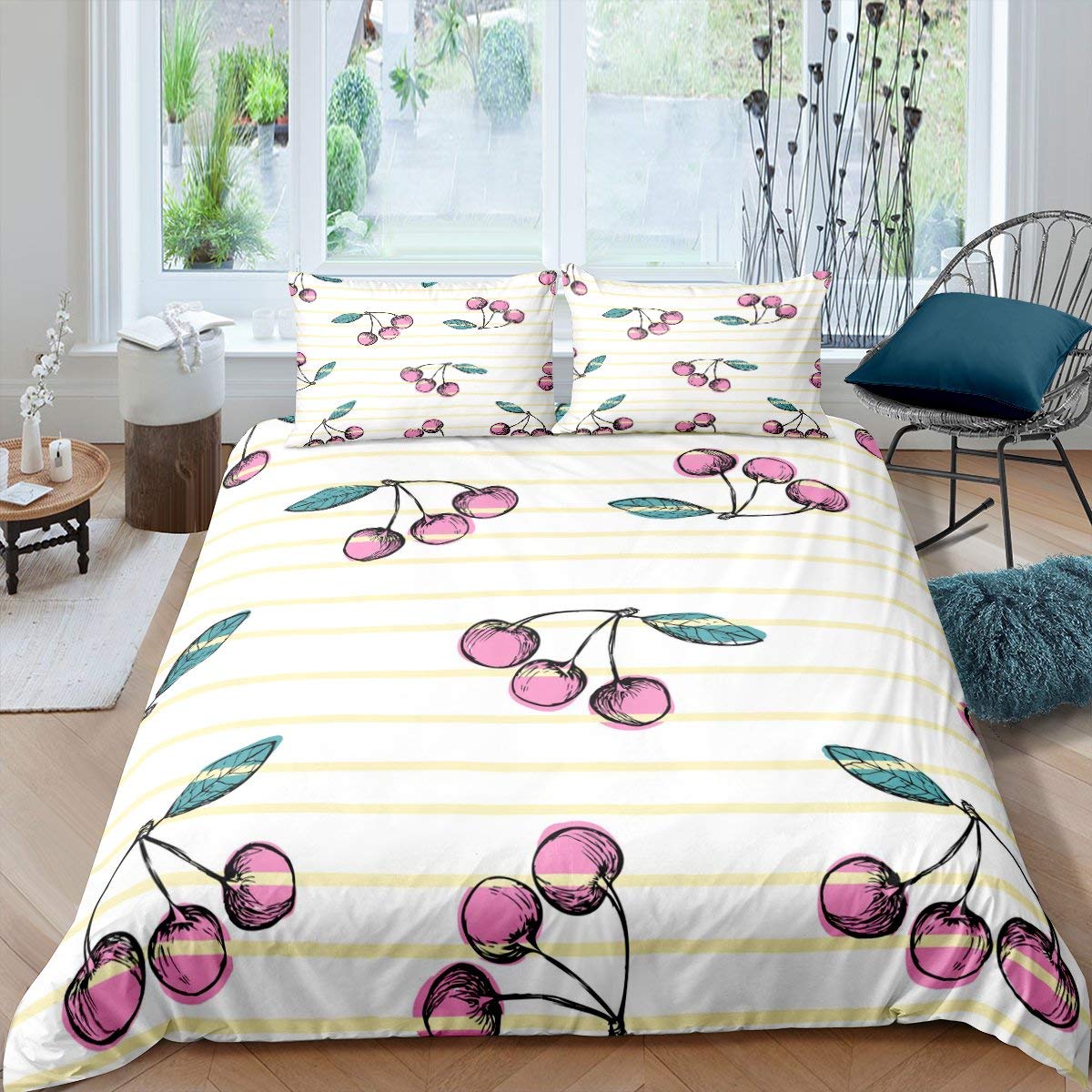 Set di da letto con motivo ciliegia con di frutta tropicale,copripiumino motivo ciliegie,motivo geometrico,in microfibra,motivo a righe,copriletto,per la camera
