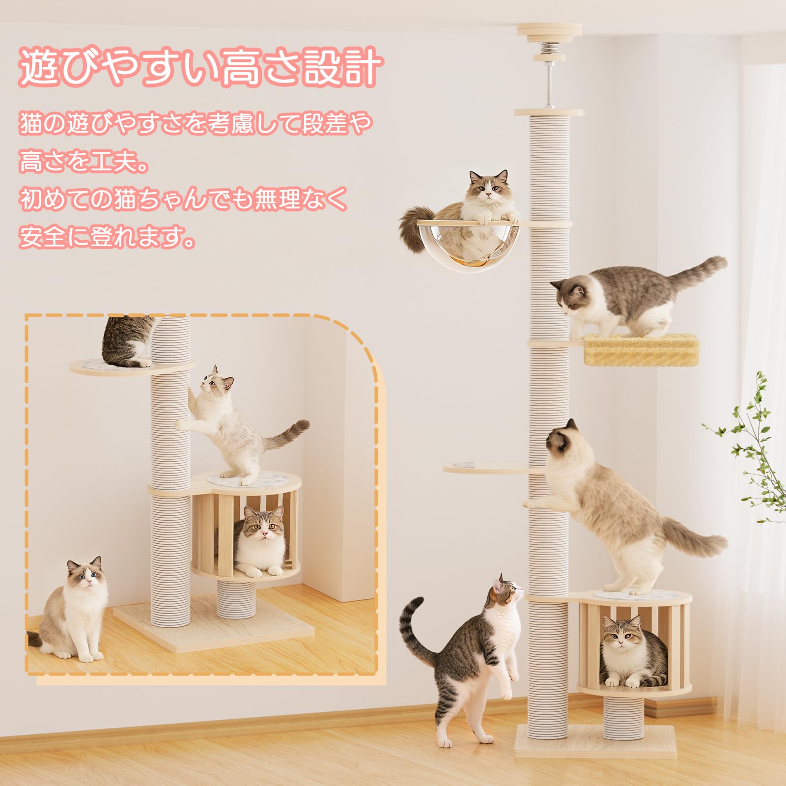 Amazon | [ChicKone] キャットタワー 突っ張り 木製 高さ190~285cm