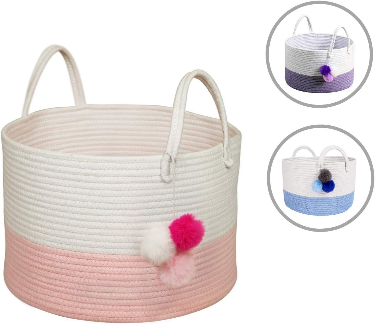 Solaya Short Pink Cotton Rope Basket Storage 16"x10"- Large Natural Cotton Woven Basket w/Handles – Decorative Storage Basket for Laundry, Clothes, Diapers, Toys, Hamper, Towels