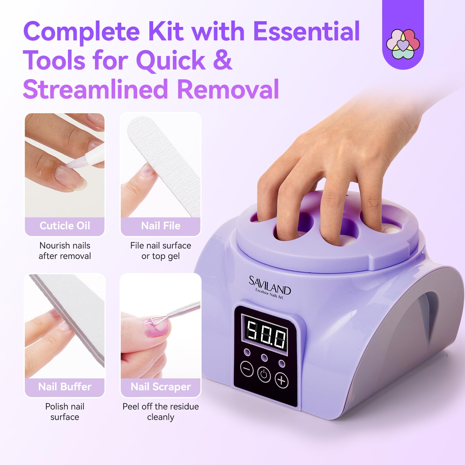 SAVILAND Essentials Nageldampfer Entferner Set: Ultraschnelle und Unschädliche Gel Nagelentfernungsmaschine mit Nagellackentferner Elektrischer Nagel Soak Off Schüssel Nano Dampftechnologie Aceton