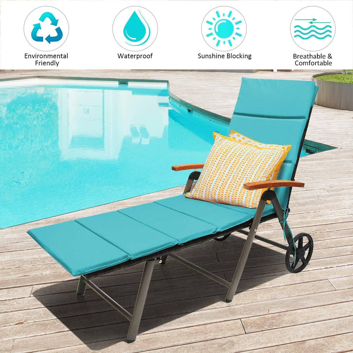 COSTWAY Folding Rattan Lounge with Wheels, Aluminum Patio Lounger with 7 Adjustable Positions, Soft Cushion, Ideal for Outdoor Use (Turquoise)