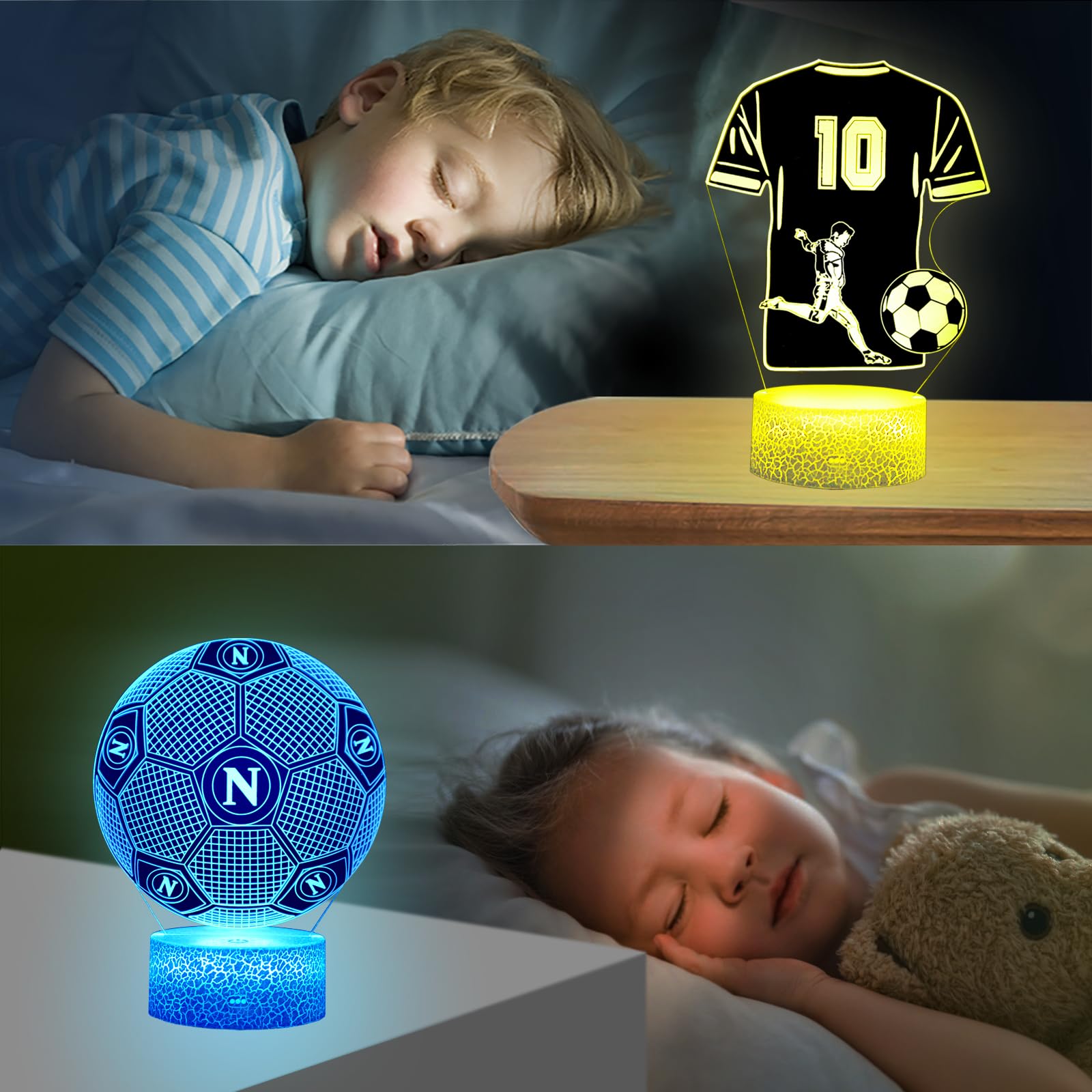 2 Pezzi Napoli Calcio Luce Notturna Bambini, Regalo de Calcio per Bambini 2 3 4 5 6 -12 anni, Calcio Lampade 3D Illusione Lamp con 16 Cambi di Colore, Regali di Natale Compleanno per Ragazza, Ragazzo