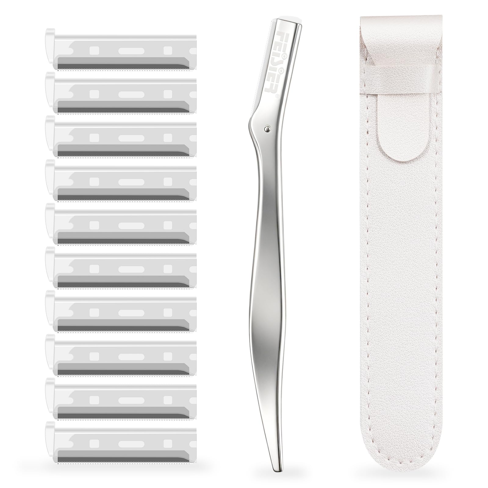 FEISIER Metal Eyebrow Razor, Professional Facial Razors for Women & Men, Premium Eyebrows Trimmer with 10 Replaceable Blades and Leather Travel Pouch, Reusable Dermaplane Tool for Brows, Face, Body