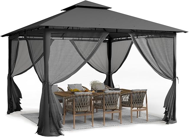 UDPATIO UDPATIO Pavillon 2,75x2,75m Wasserdicht Stabil Winterfest, Gartenpavillon mit Doppeldach, Moskitonetz und Metallrahmen, Doppeldach — Pavillons