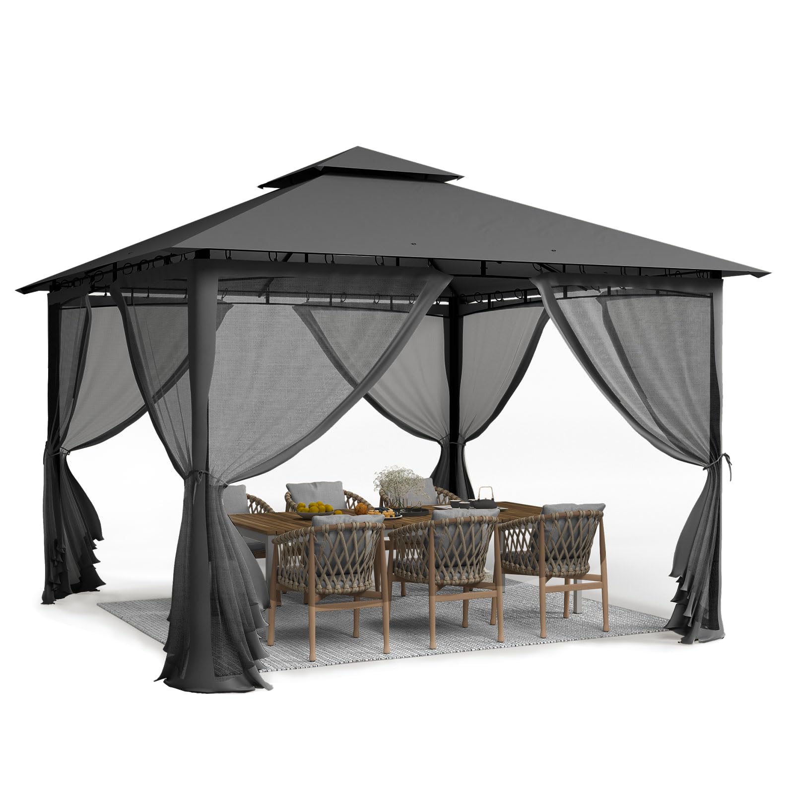 UDPATIO Gazebo da Giardino con Doppio Tetto e Zanzariera, 2.75x2.75 m, Struttura in Metallo Resistente, Gazebo Pieghevole Impermeabile per Giardino, Terrazze - Grigio