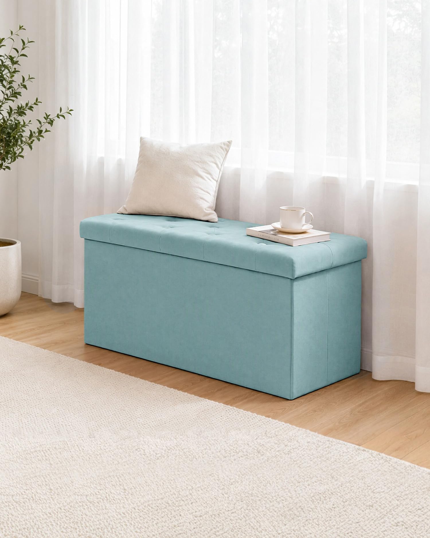 Bonlife Pliable Banc de Rangement Poufs et Repose Pieds Grand Coffre a Jouet Banc avec Espace de Rangement Flanelle Verte 80X40X40cm