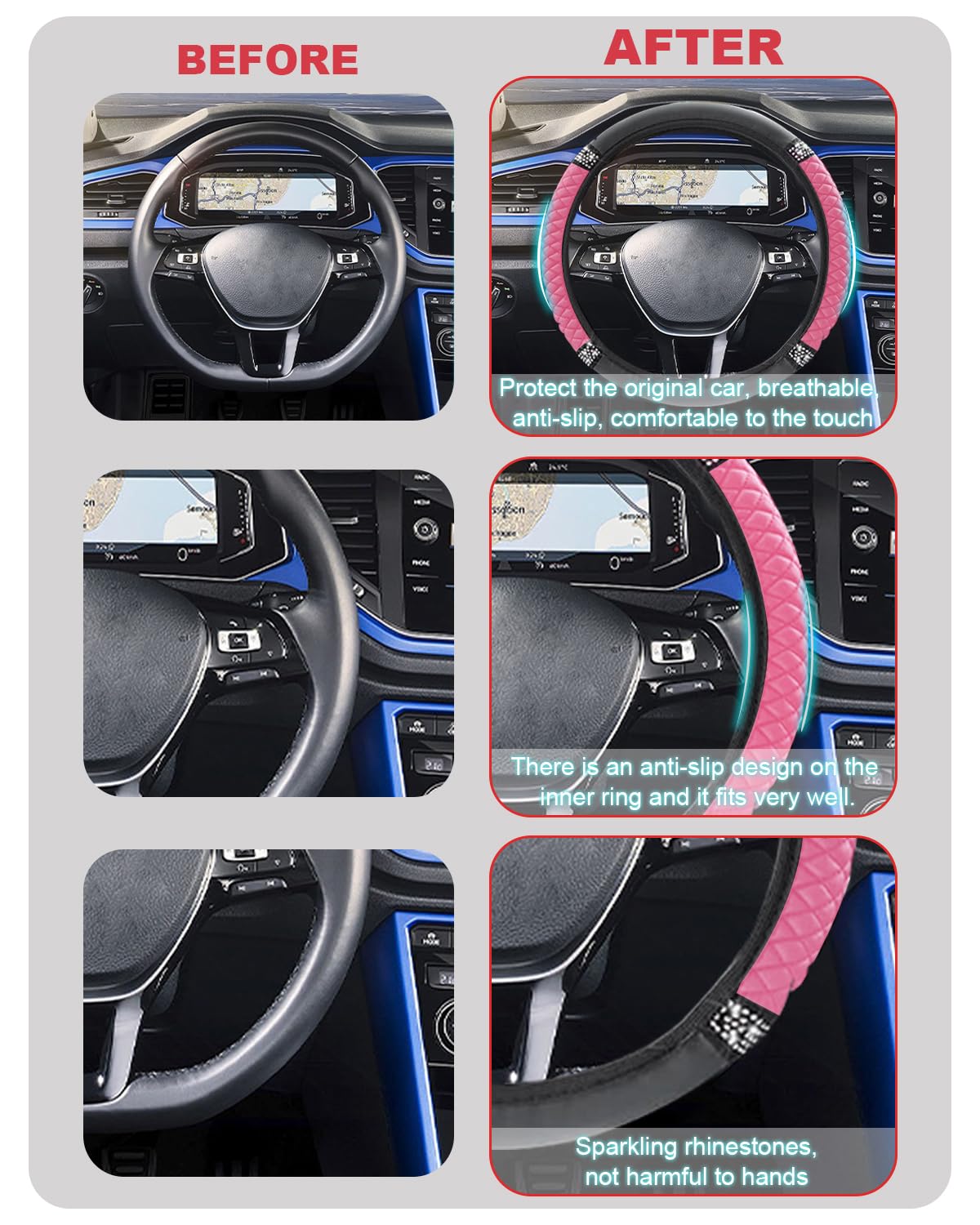 PIC AUTO Coprivolante In Pelle Rosa Con Particelle Di Gel - Universale 36.8-39.4 Cm, Antiscivolo E Traspirante, Accessorio Interni Auto Per Ragazze
