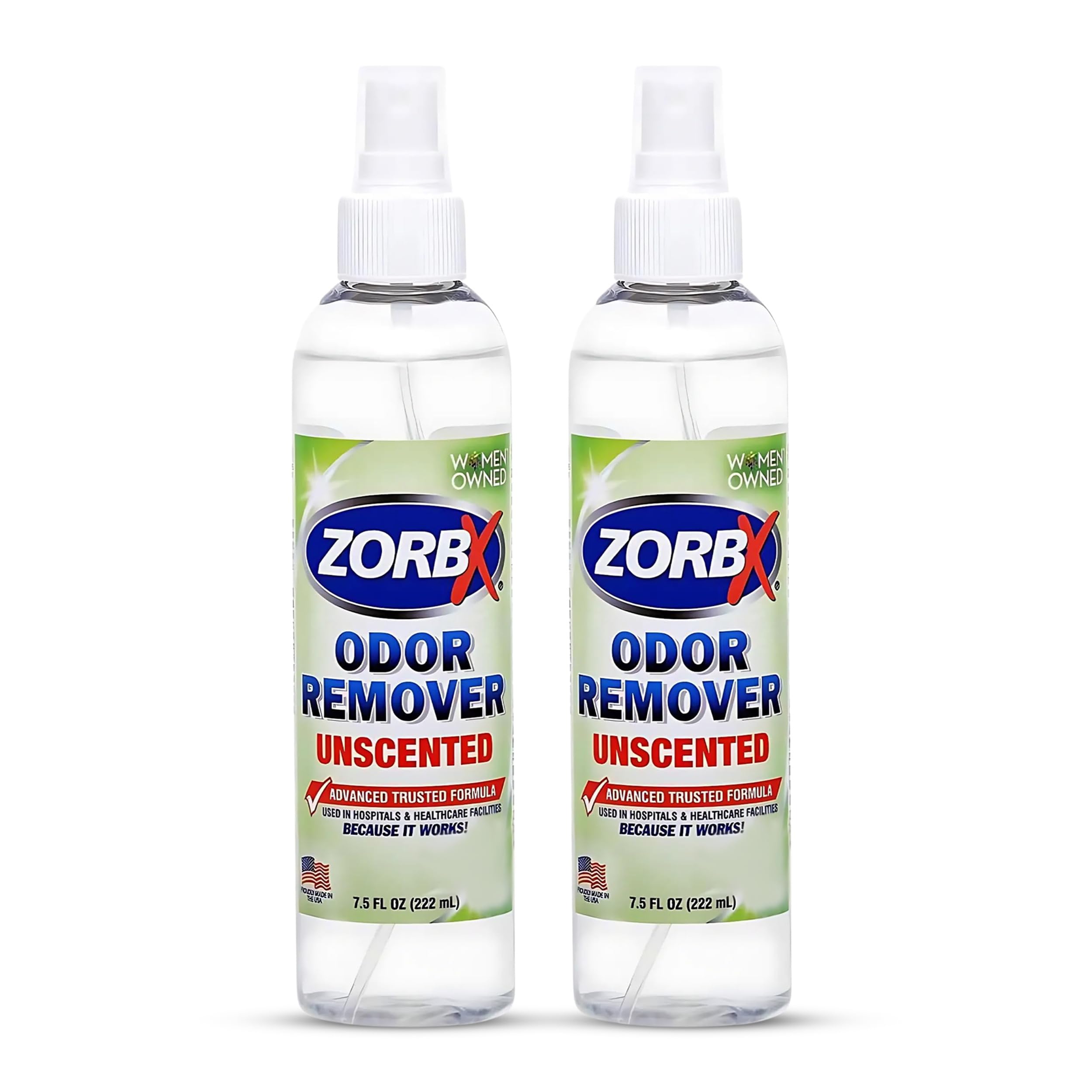 ZORBX Unscented Odor Eliminator for Strong Odor 7.5 Fl Oz Pack of 2 - Used in Hospitals & Healthcare Facilities - Advanced Formula, Fast-Acting Odor Remover Spray for Dog, Cat, House & Carpet