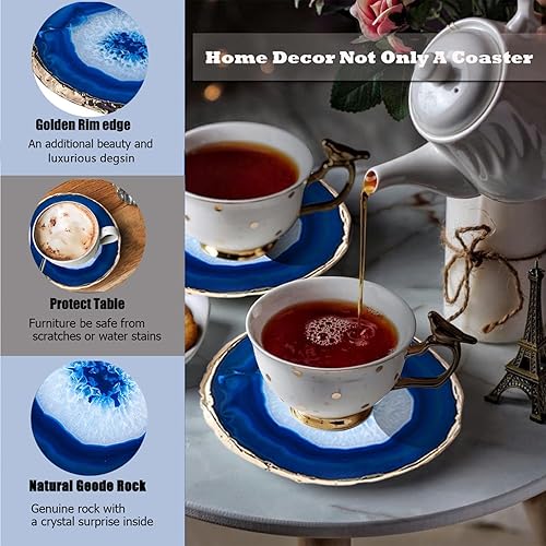 Miniatura 4 de Yougoals Juego de 4 posavasos de ágata azul, posavasos grandes de geoda para bebidas de 4.5 a 4 pulgadas, rodajas de piedra natural de piedras