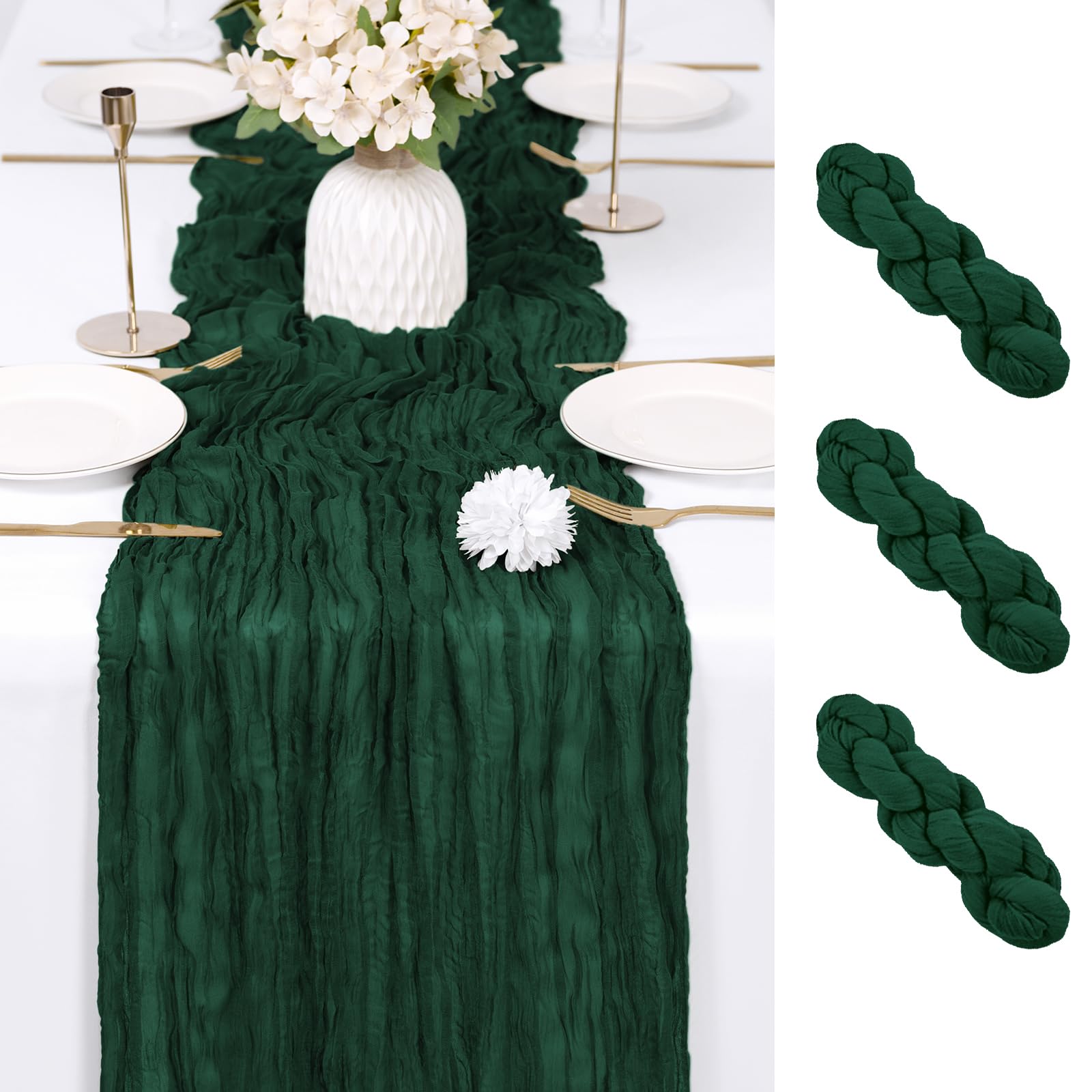 Photo 1 of **MISSING 1*** RealBox 3 Pack Emerald Green Cheesecloth Table Runner 17x108 Inch Semi Sheer Boho Gauze Cheese Cloth Fabric Table Runners Table Decor for Wedding Party Baby Shower Birthday Home Decor Garden Farmhouse
