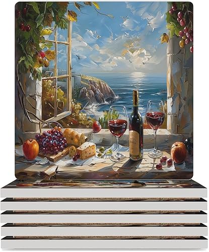 Miniatura 20 de Round-4 posavasos de cerámica para vino tinto, posavasos redondos absorbentes para bebidas, estilo vintage de madera, vino tinto, uvas, frutas y