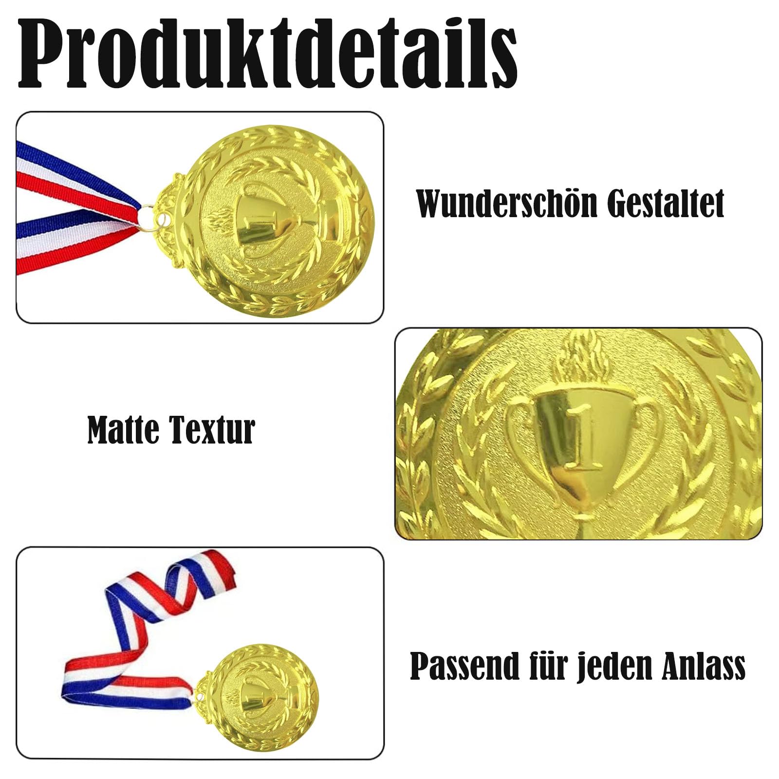 12 Pièces Médaille de Récompense, Médaille d'or Médaille d'argent Médaille de Bronze avec Rubans de Cou pour pour Les Compétitions,Le Sport, Style Olympique Diamètre env. 5,0 cm