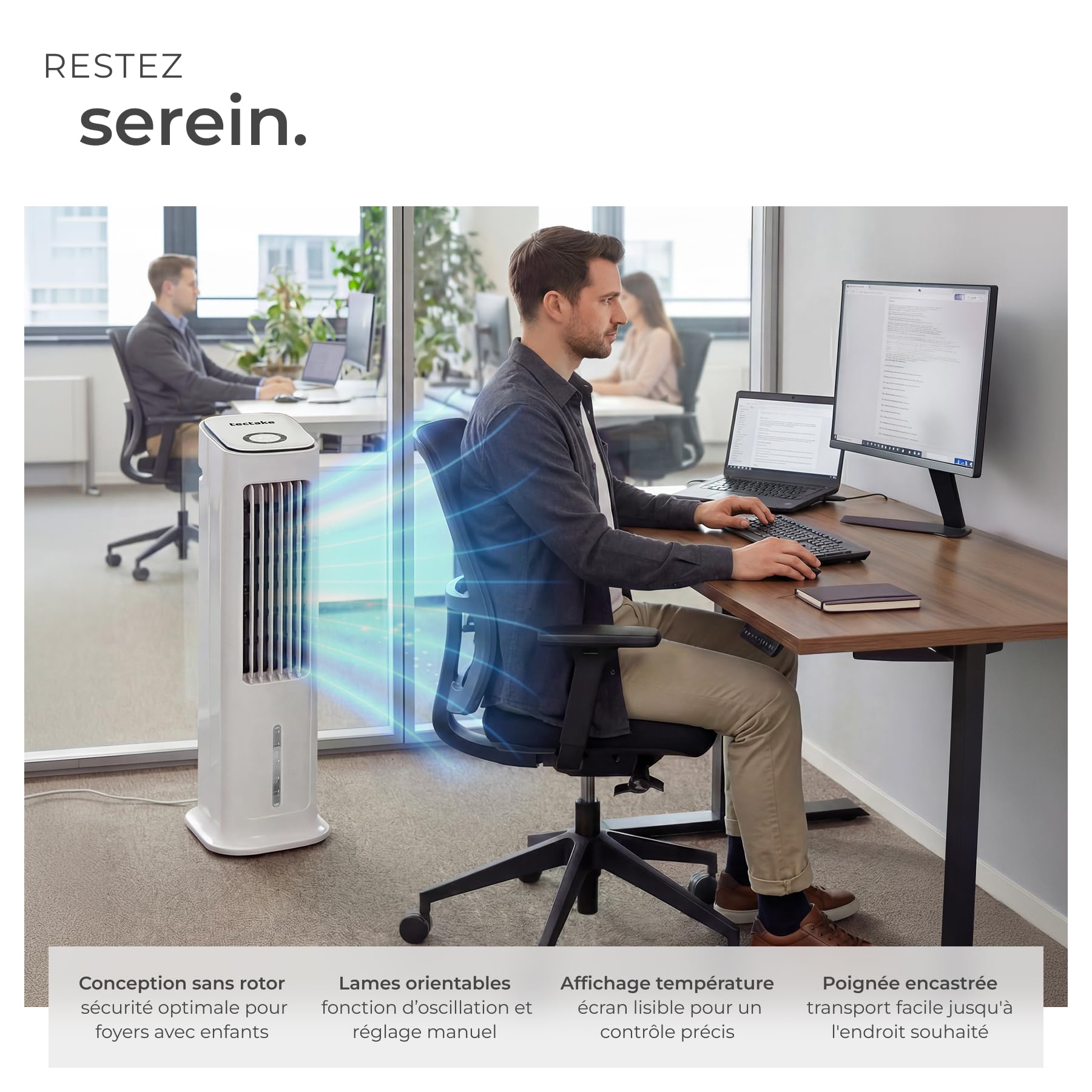 tectake® Rafraichisseur d'air 4-en-1, Refroidisseur Portable, Ventilateur, Humidificateur, Purificateur d'air HEPA, Réservoir 5 L, 3 Modes, 3 vitesses, Oscillation, Minuterie 12H, Silencieux, Blanc