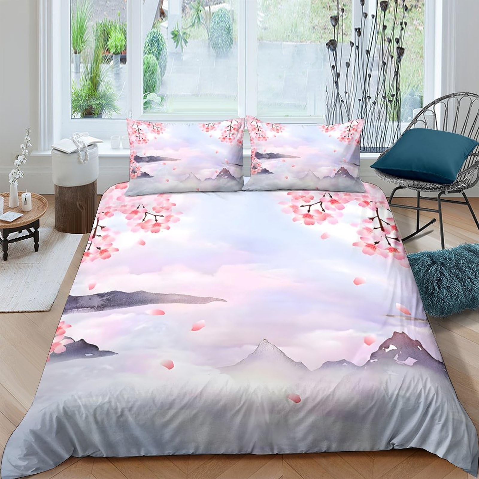 Ctjqhvkz Style-8 3D Printed Cherry Blossom Landscape Fitted Sheet Microfiber Soft Grey Pink Mountain Bed Cover For Bedroom Decor Single（135X200cm）