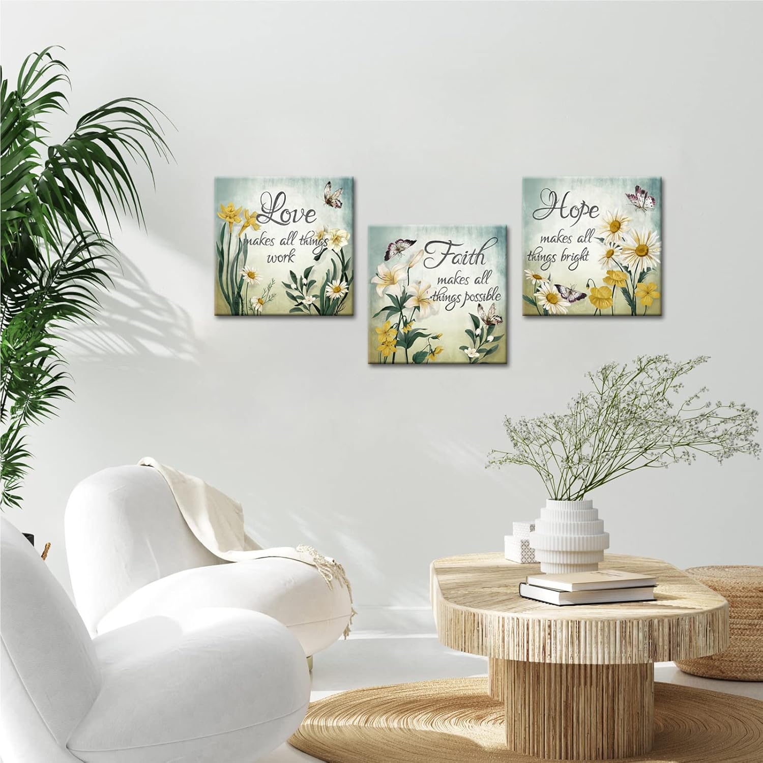 Conipit Faith Hope Love Canvas Yellow Green Floral Wall Art Butterfly Flower Pictures Yellow Daisy Lily Paintings Framed 12"x12" x 3Pcs - Image 2