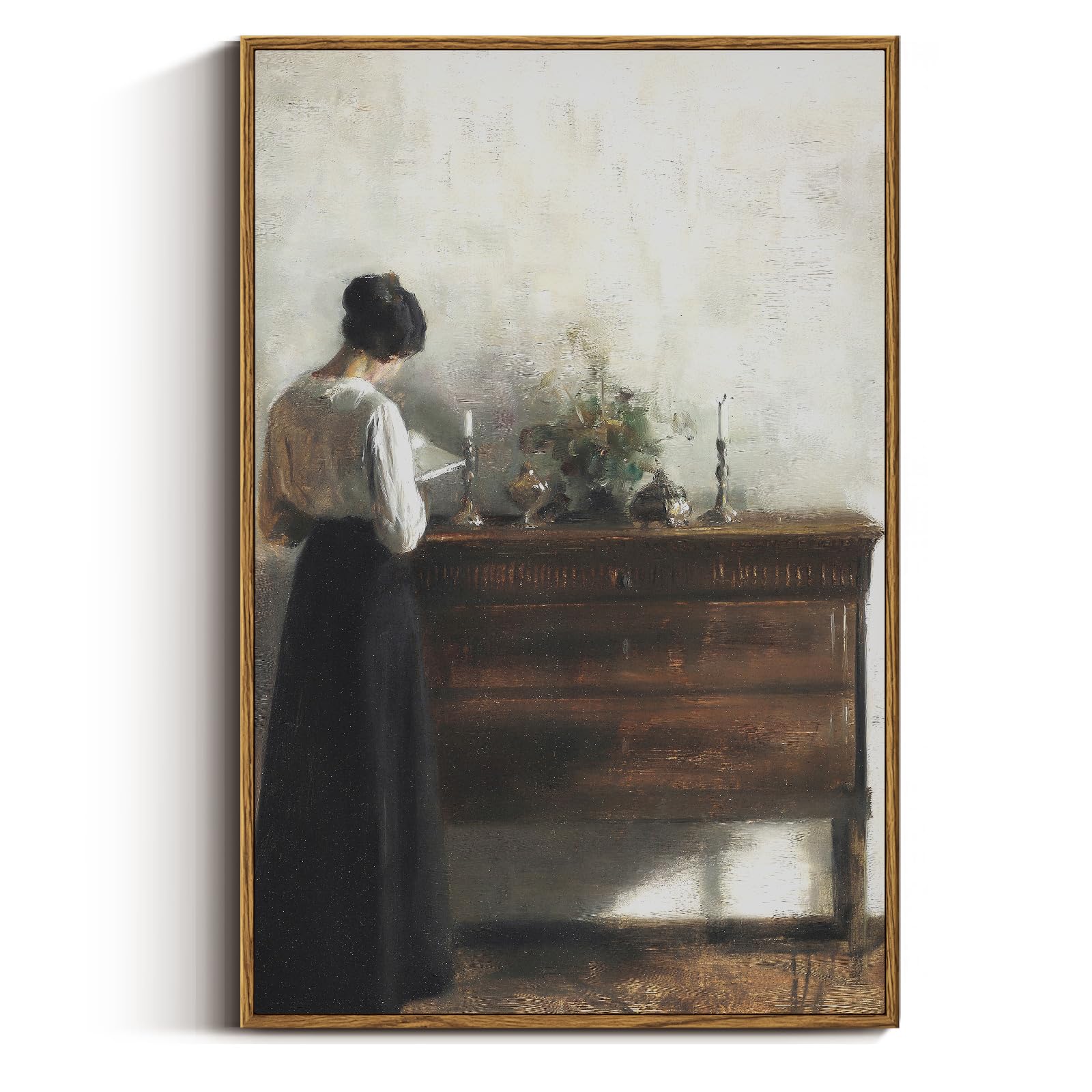 VIYYIEA Vintage Women Large Framed Wall Art, Woman Standing Reading Paintings Decor Aesthetic, 24x36 Inch Canvas Print Artwork, Retro Portrait Wall Pictures for Bedroom Living Room