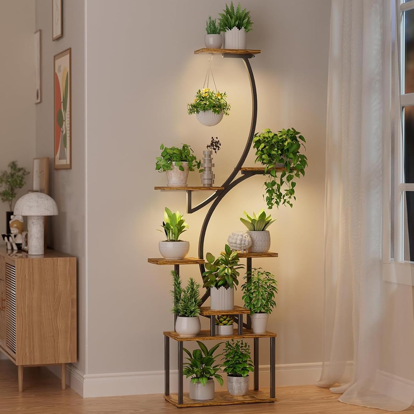 Plant Stand Indoor with Grow Lights, 8 Tiered Indoor Plant Shelf, 62" Corner Plant Stands for Indoor Plants, Metal Plant Flower Display Shelves, Tree-Shaped Plant Rack for Home, Patio, Black