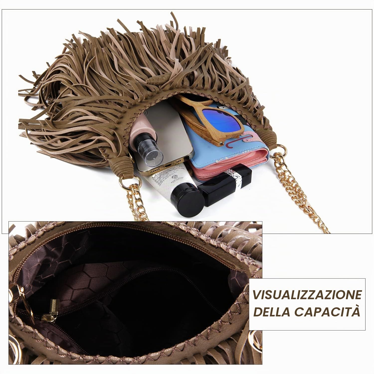 Borse a spalla hobo a tracolla in nappa con frange in pelle scamosciata sintetica da donna