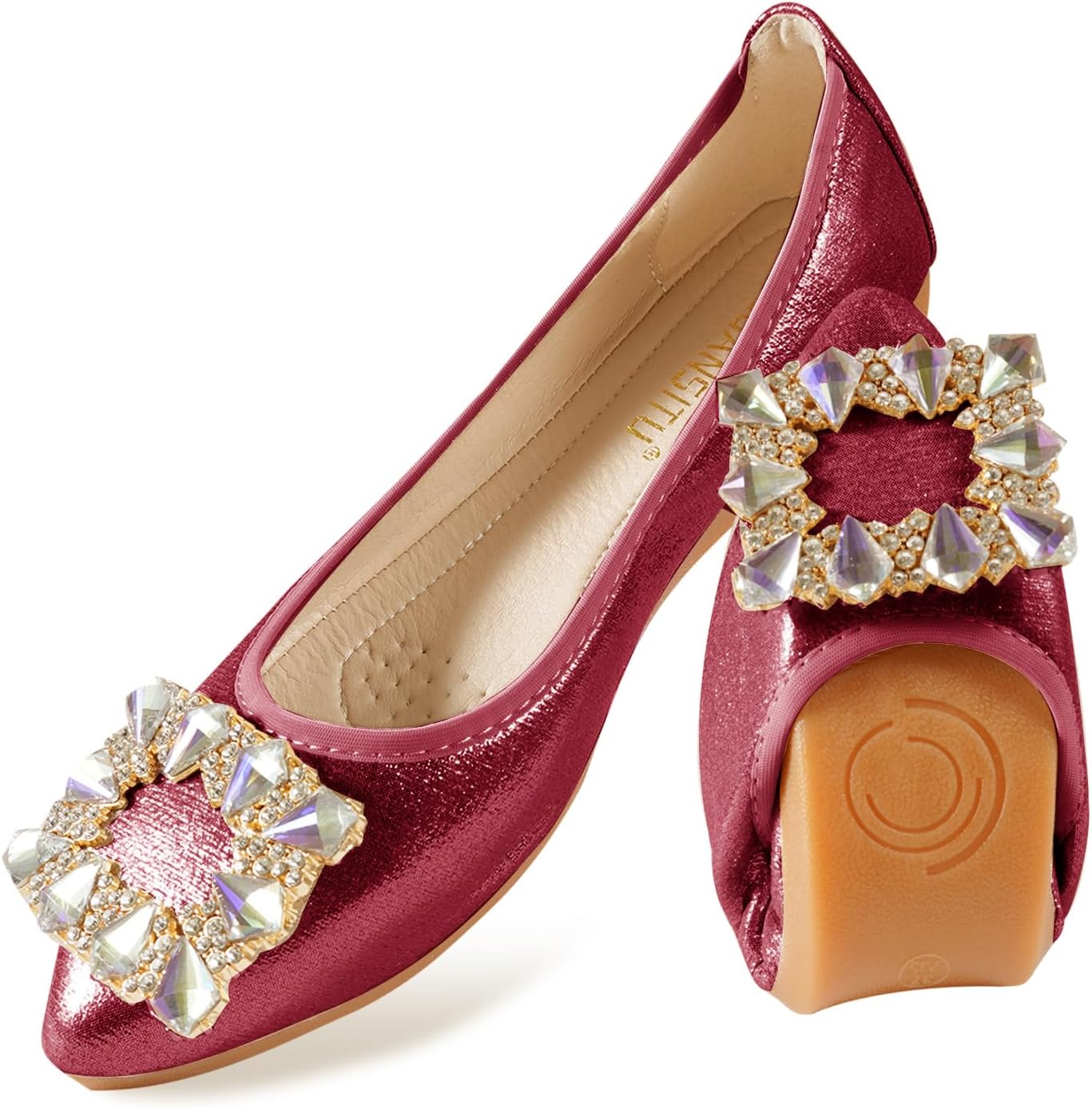 Women Ballet Flats Buckle Rhinestone Wedding Ballerina Shoes Foldable Sparkly Comfort Slip on Flat Shoes