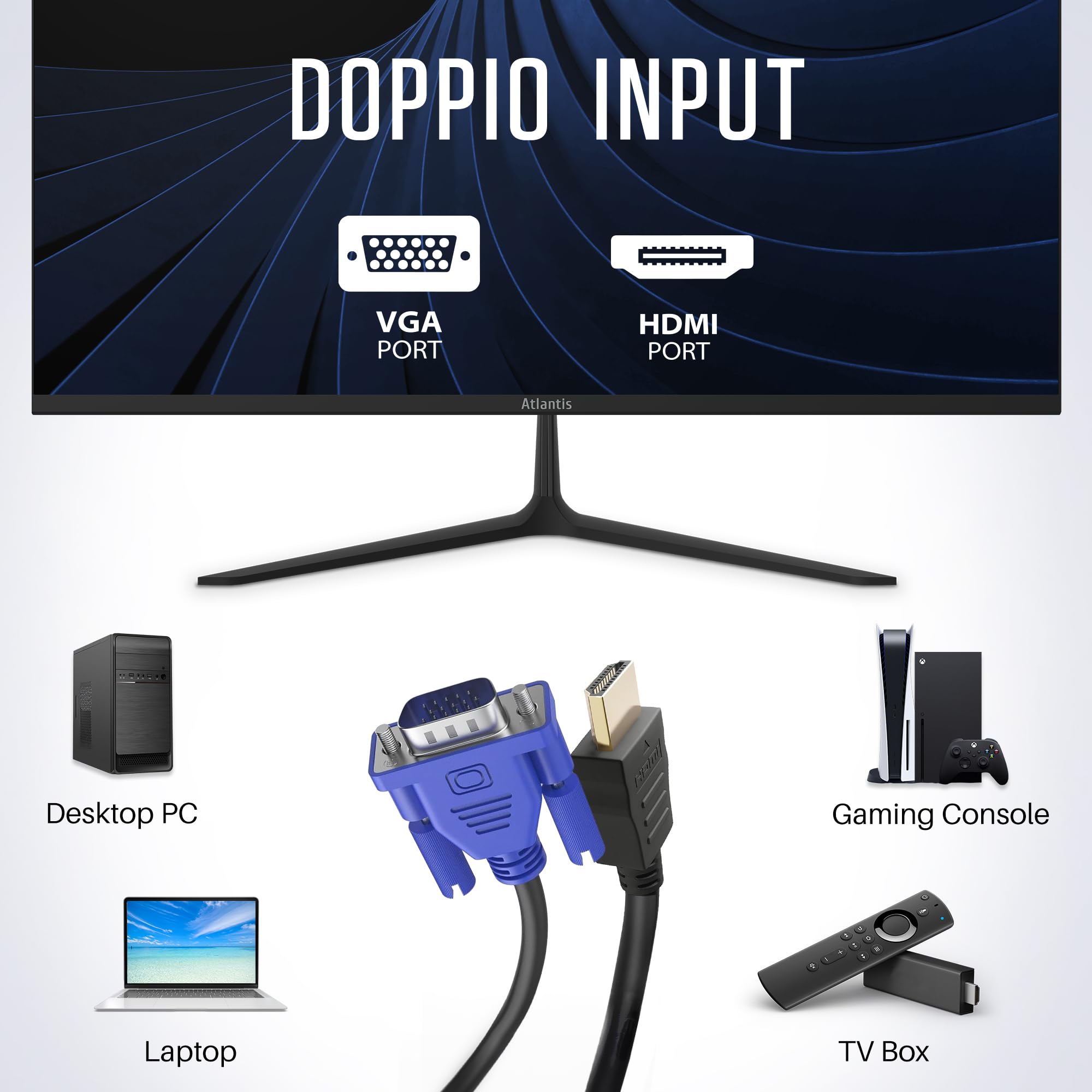 Atlantis Monitor 22 pollici, schermo 22" VA 100Hz, Full HD 1920x1080, VGA HDMI, MULTIMEDIALE, FreeSync, Uscita Audio/Cuffie inclinabile, risposta 5ms, Contrasto 3000:1, Angolo 178/178, Cavo HDMI 1,5m