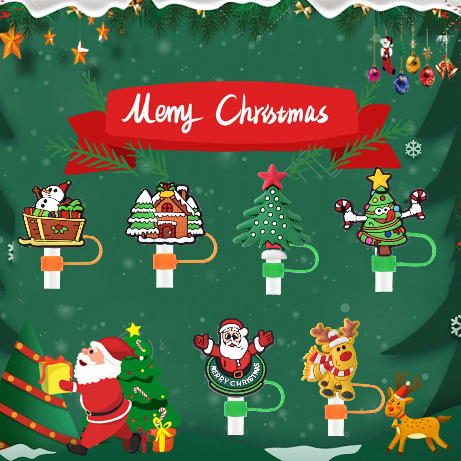 Christmas Stanley Straw Cover Cap, 6PCS Christmas Stanley Straw Topper Stanley Cup Accessories Cute Santa Claus Christmas Tree Elk Snowman 10mm Silicone Straw Covers for Stanley 30&40 Oz Tumbler
