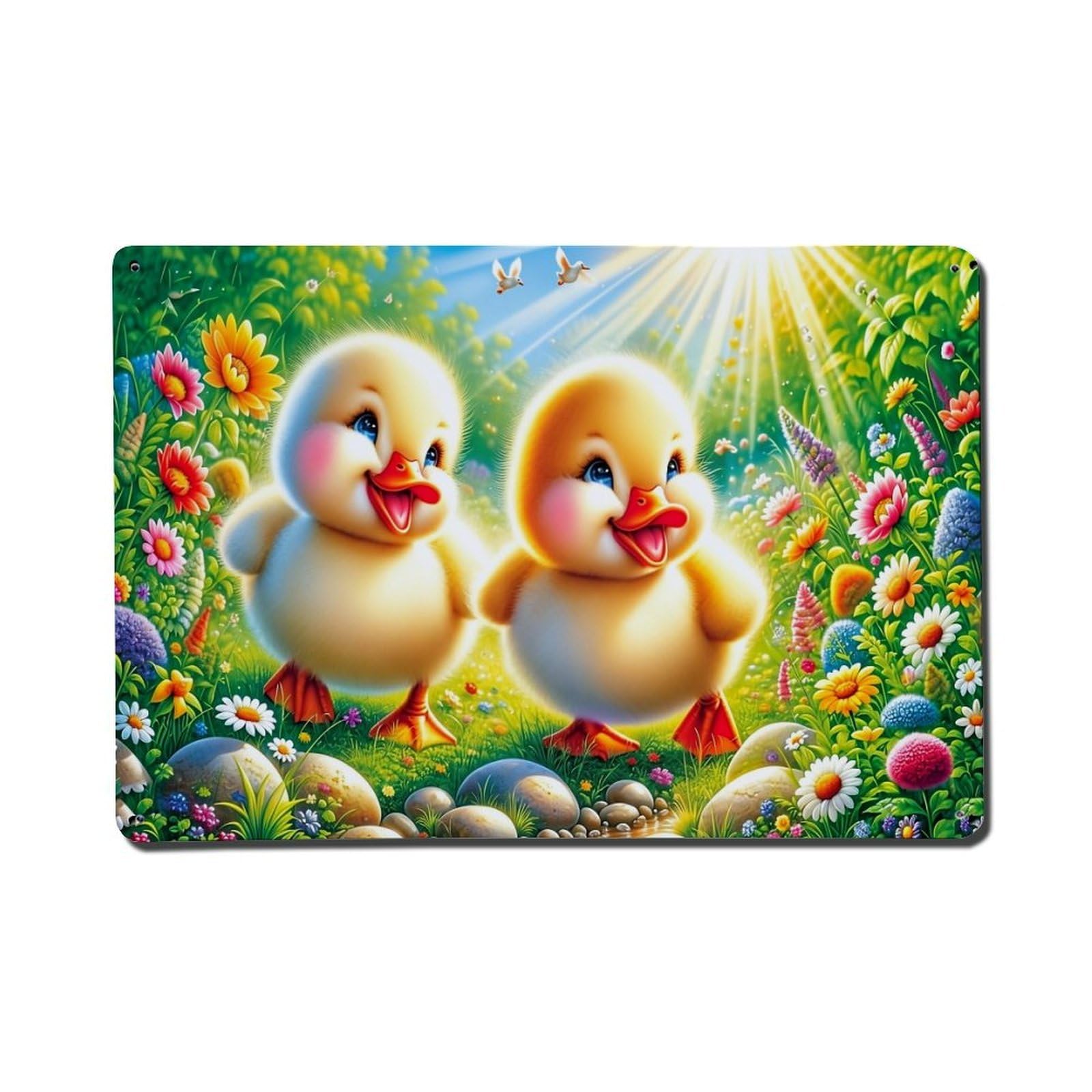 Jdfenggu Vintage Two Cute Ducklings In Garden Retro Metal Tin Sign, Metal Poster For Bar, Home, Man Cave, Kitchen, Laundry Room Art Decor 8X12 Inch