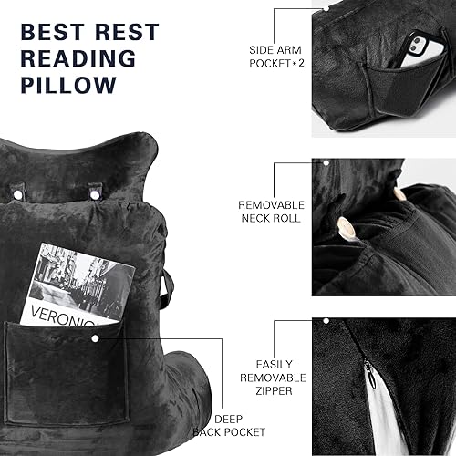 Miniatura 6 de Almohada de lectura, almohada extra grande de 31 pulgadas con rollo de cuello desmontable y brazos para sentarse en la cama o en el sofá, almohada