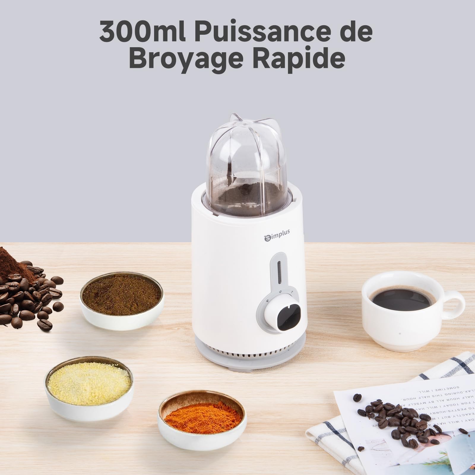 SIMPLUS Blender Mixeur 3 en 1, Robot Culinaire avec Hachoir 500ml, Moulin à Café 300ml, Bol 1.25L, Lames 304, 3 Vitesses, Sécurité, Blanc