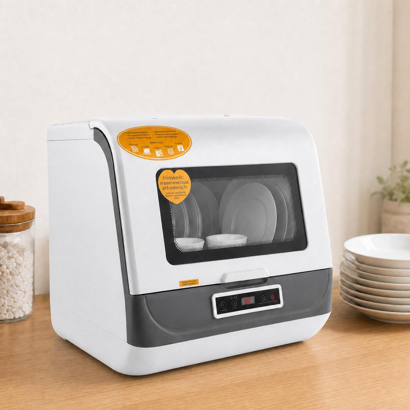 Mini Geschirrspüler Tischgeschirrspüler 800W 3 Programme Touch | Für 4 bis 6 Gedecke mit Warmluft- und Restwärmetrocknung, ideal für Küche, Wohnung und Büro