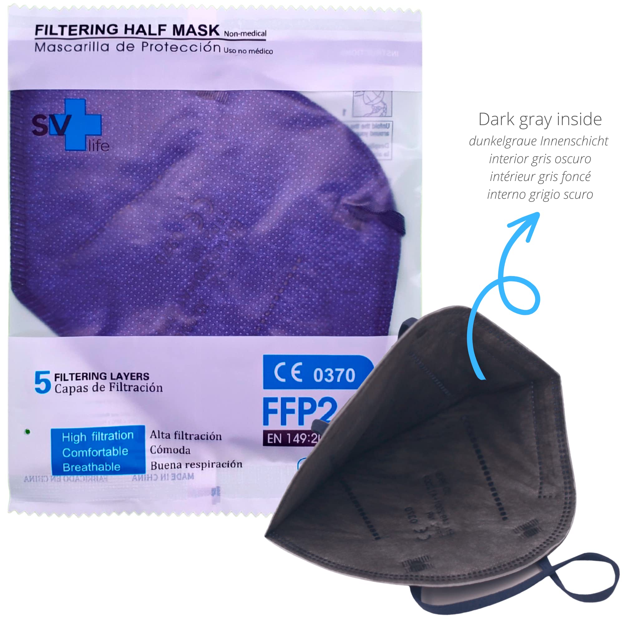 25 Masques FFP2 Certifiés CE | 5 Couches, Haute Filtration, Protection Certifiée | Taille Adulte, Emballage Individuel, Jetables, sans Valve (Bleu marine)
