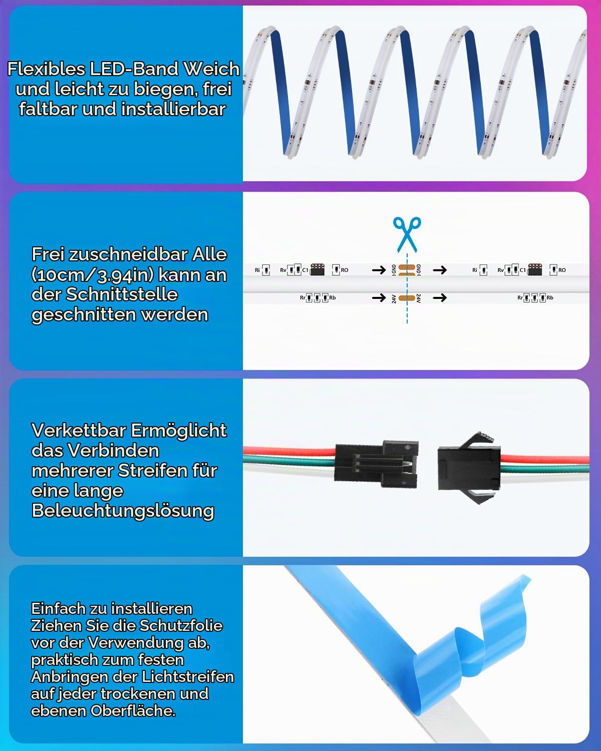 ALITOVE 24V COB LED Streifen RGBIC WS2811 10M Lichtband LED Selbstklebend | Flexibel 360LEDs/m, für Schlafzimmer TV Heimdekoration, Nicht Wasserdicht, Ohne Netzteil und Dimmer