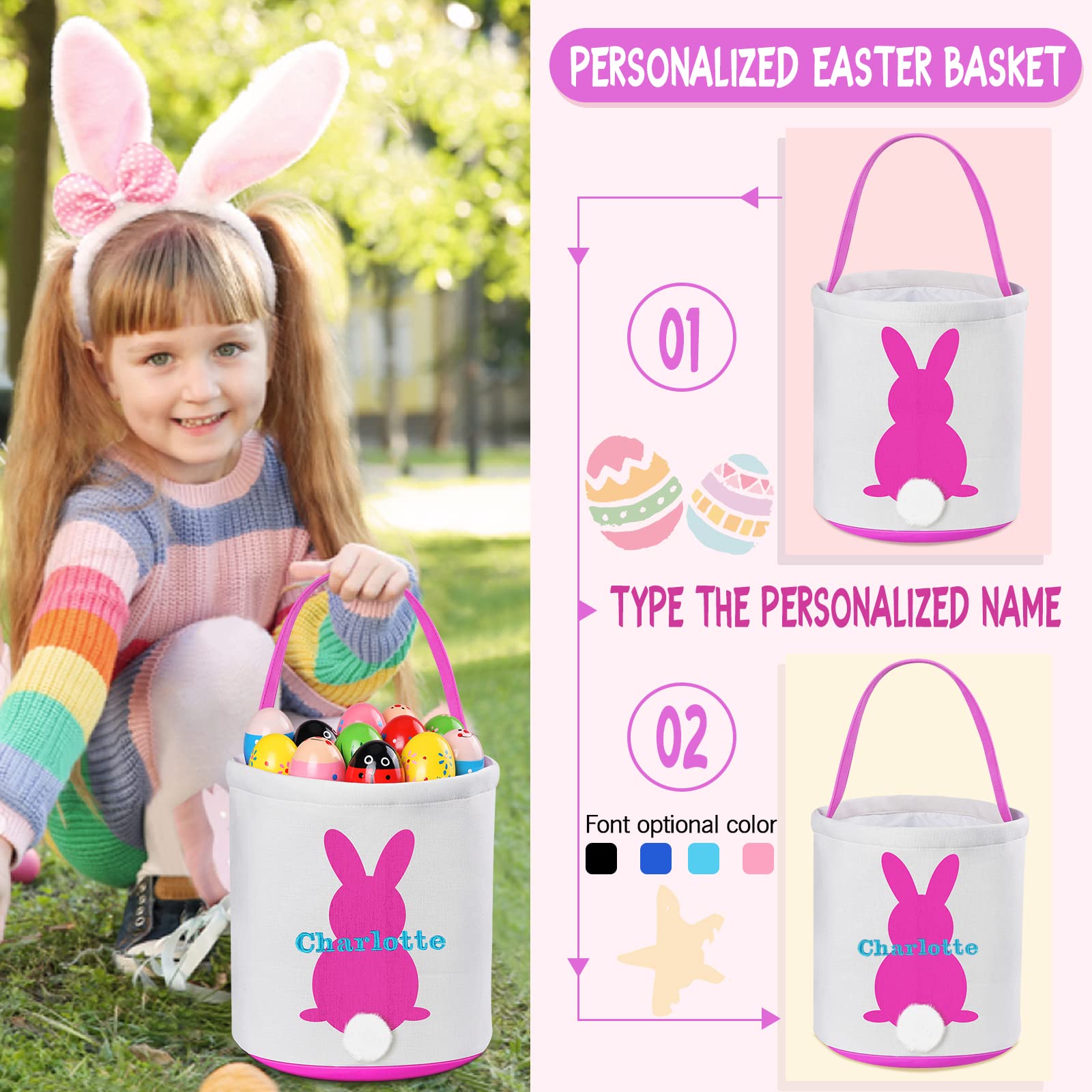 Personalized Easter Baskets for Kids, Jocidea Customized Easter Baskets Easter Gifts for Gilrs Boys Easter Basket Toys for Girls Easter Toys - Easter Basket Stuffers, Easter Eggs Hunt - Pink
