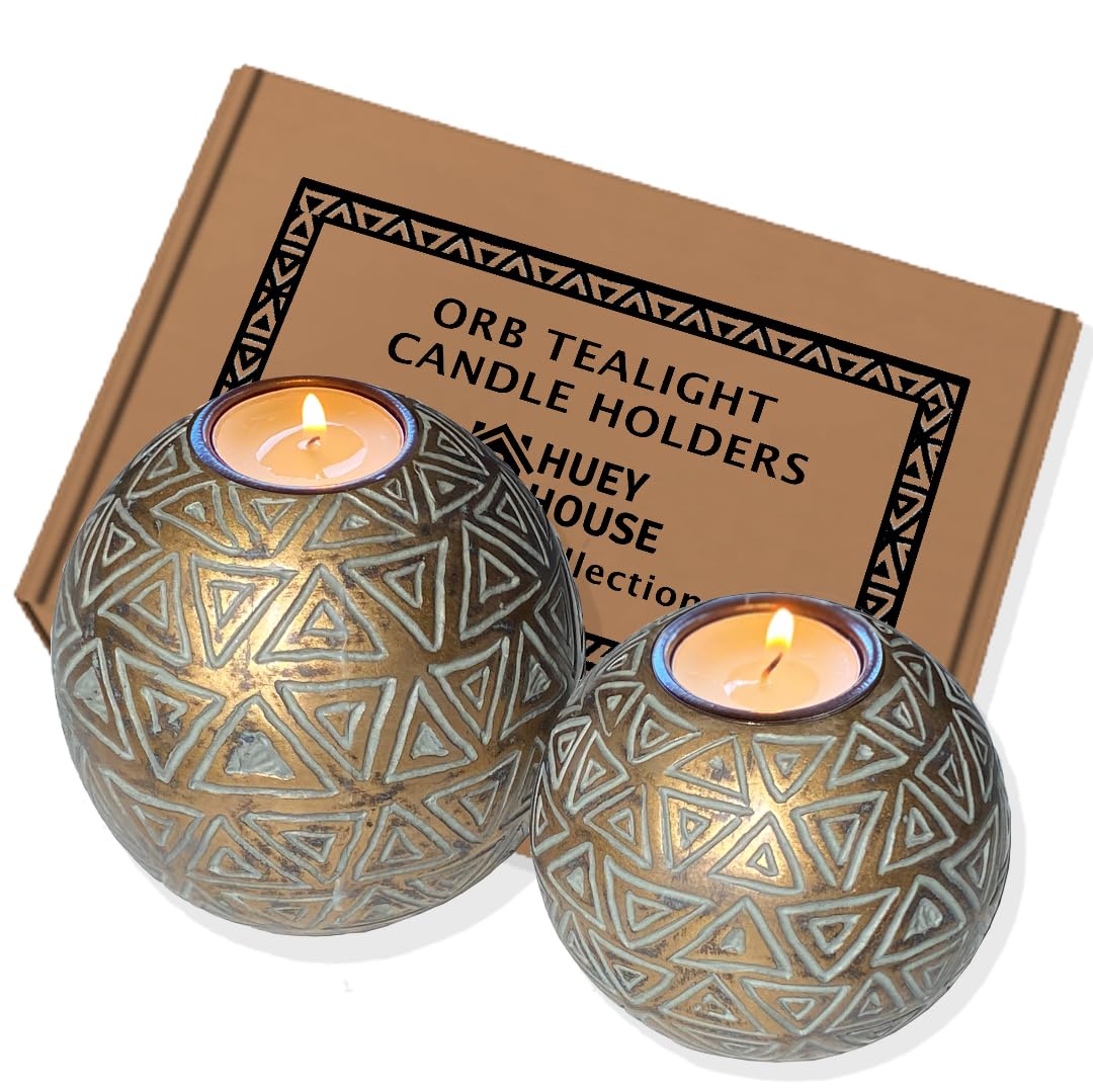 Rustic Gold Orb Tea Light Candle Holders - (Gift Boxed Set of 2 Aurum Collection) Coffee Table Decor (Triangular Pattern, Gold and Gray)
