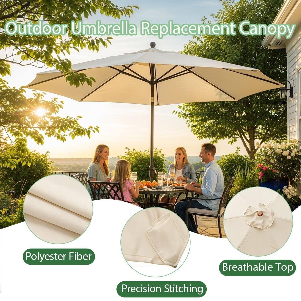 Rechange Telo per Ombrellone 6 Stecche 8 Stecche, Impermeabile Telo di Ricambio Tettuccio per Ombrello, 2m/2.7m/3m Copertura di Ricambio per Ombrellon da Giardino(Cream,4m - 8 Ribs)