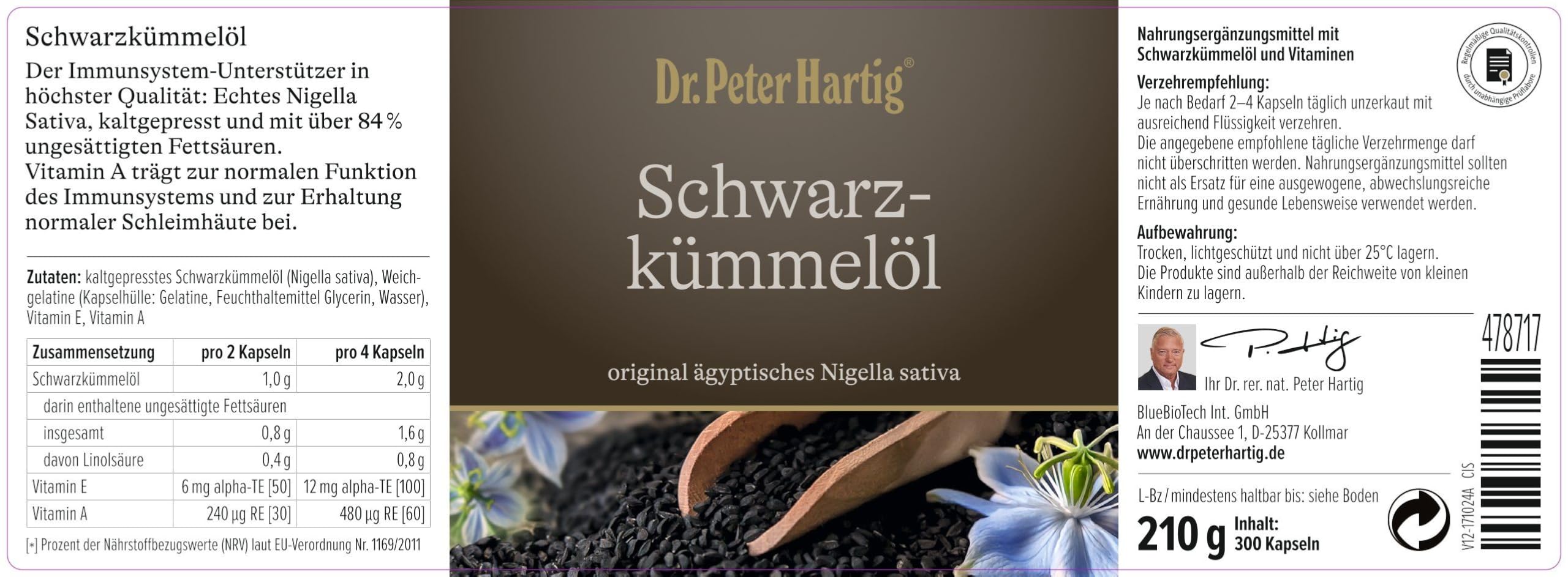 Dr. Peter Hartig Schwarzkümmelöl 300 Kapseln 5-Monats-Vorrat Kaltgepresst Nigella Sativa Vitamin A E Lactose- Gluten- Hefefrei