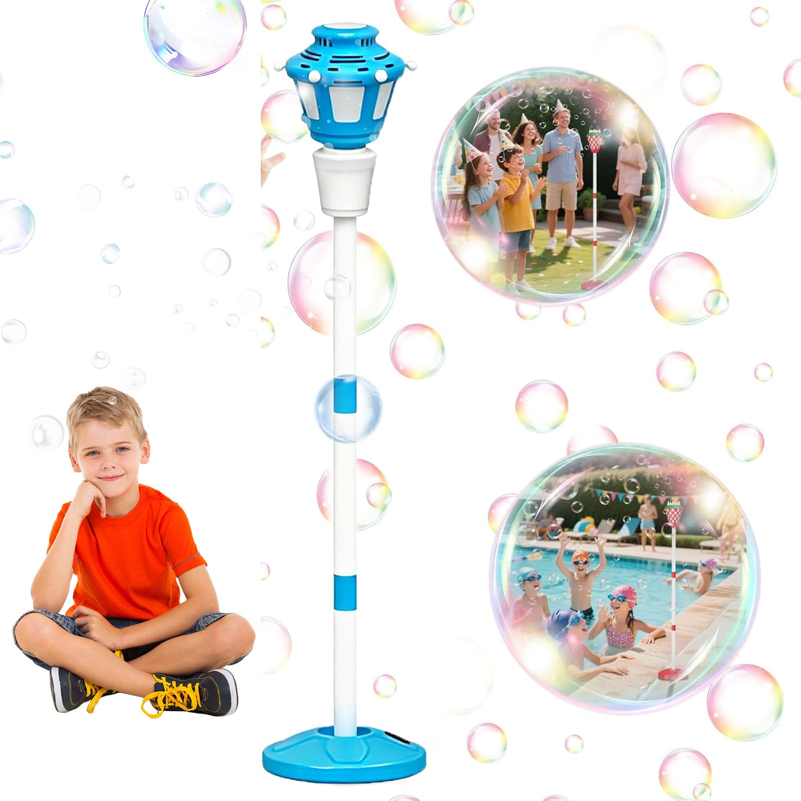 Bubble Machine for Kids, Automatic Standing Bubble Maker with LED Lights & Music, Rechargeable Bubble Machine for Kids Outdoor Garden, Parties & Summer Play, Bubble Lamp for Boys Girls (Blue)