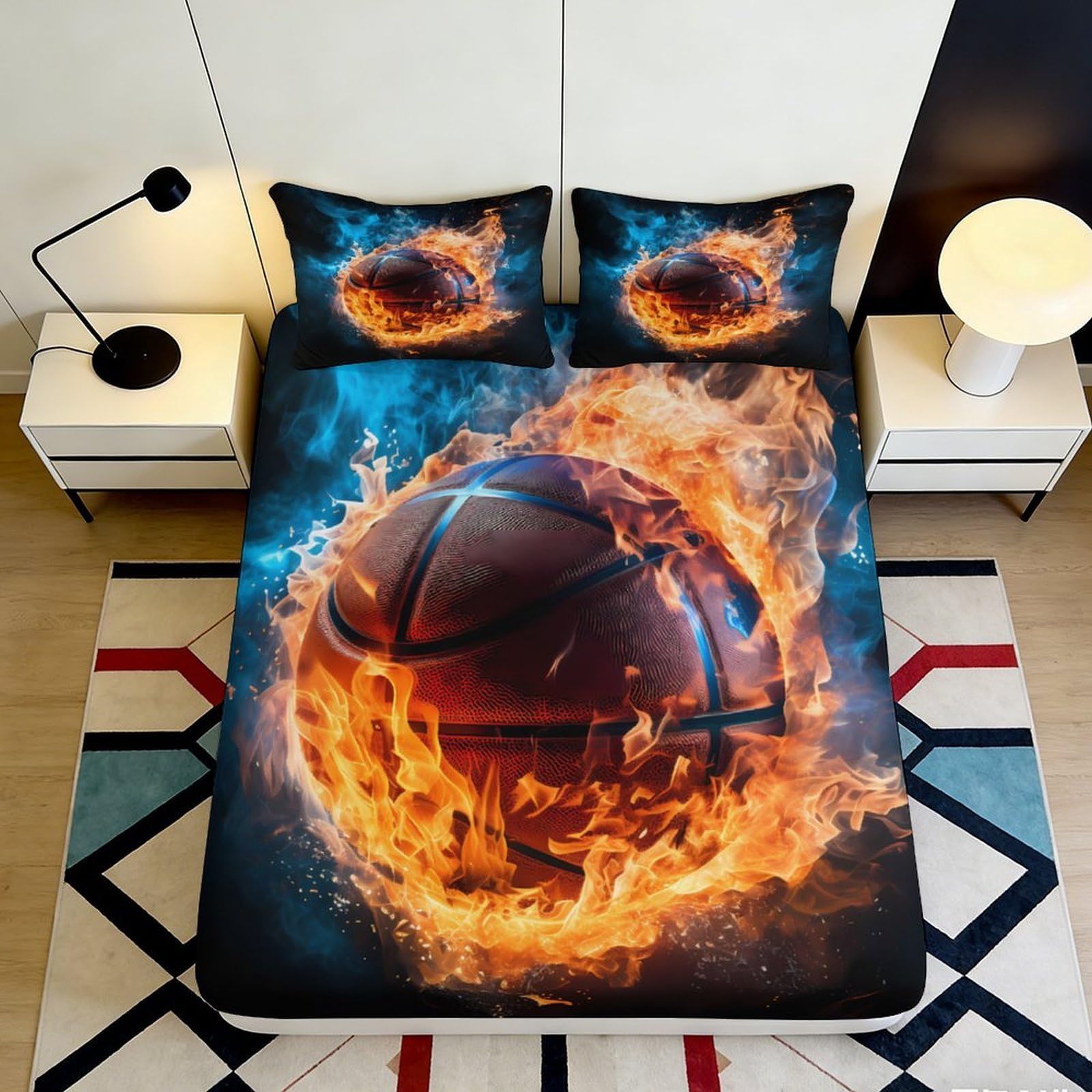 3D Printed Basketball Fire Fitted Sheet Microfiber Anti-Slip Mattress Cover for Bedroom Dorm Decor Machine Washable 180x200x25cm