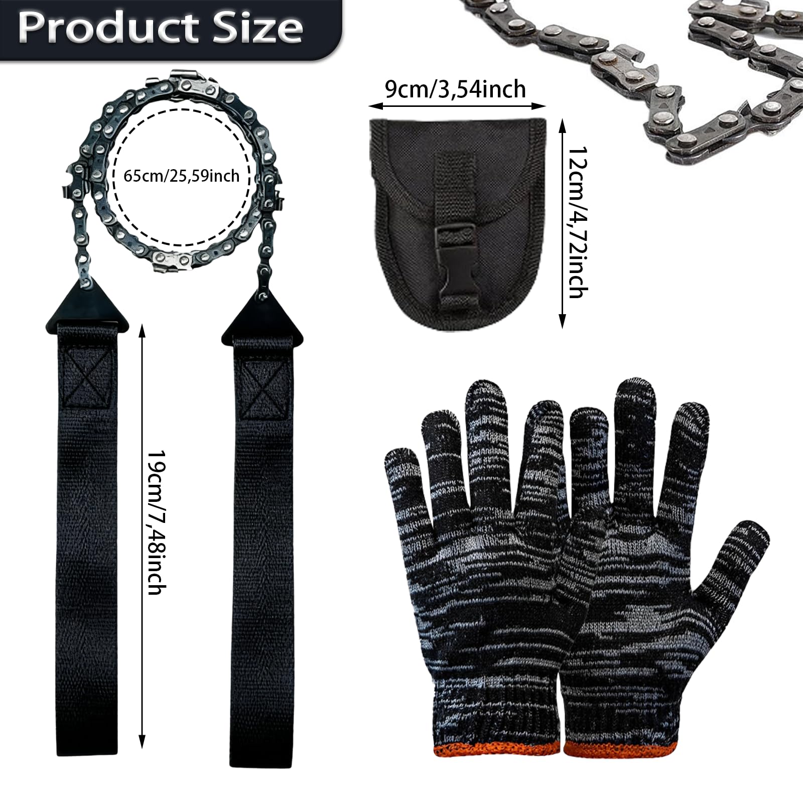 WhaleO Tariere Manuelle Bois avec Étui en Cuir Tarière Manuelle Polyvalente Scie a Main a Chaine et Gants de Travail Outil de Survie pour la Randonnée, le Camping et les Aventures, Bushcraft, Noir