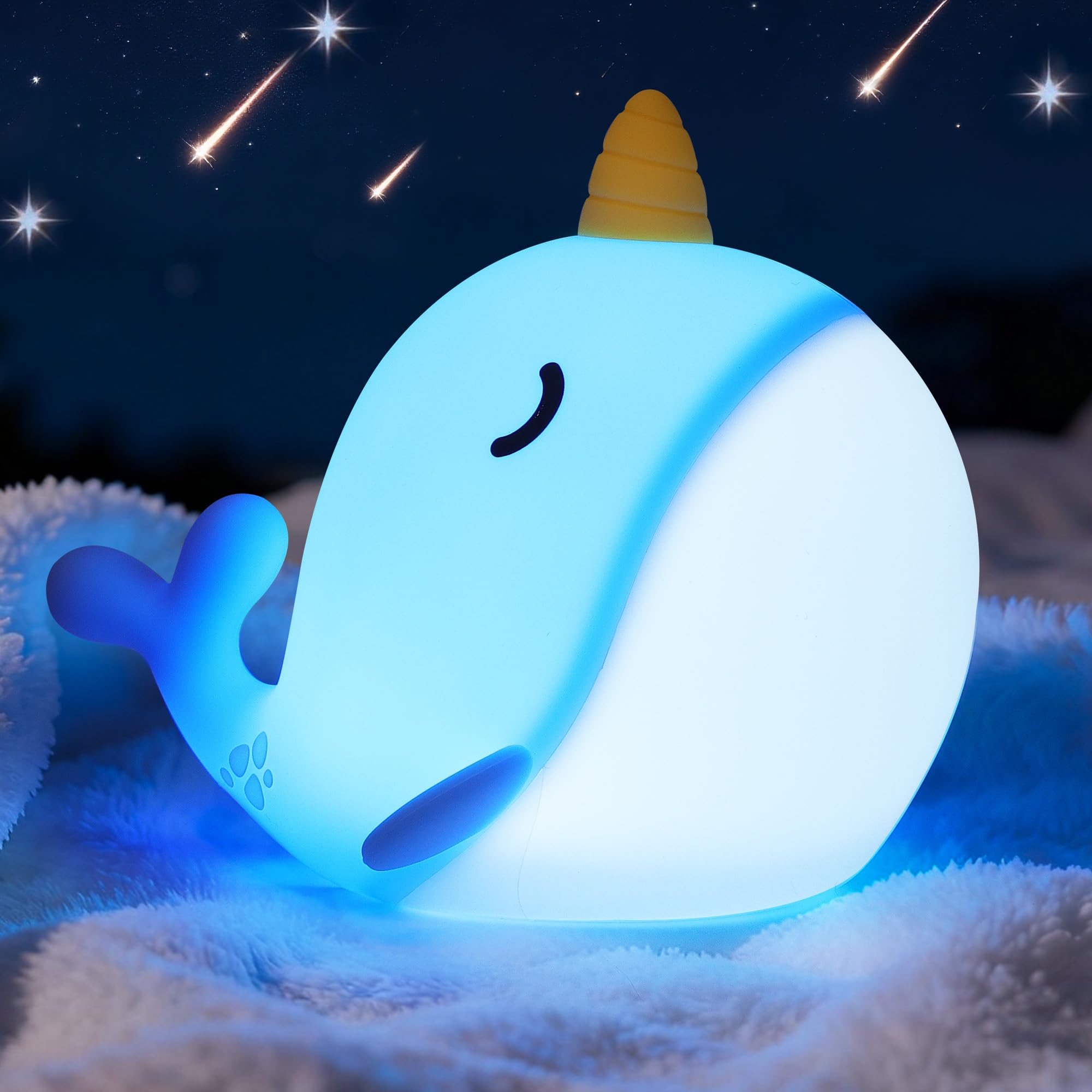 OkiyiD Blue Narwhal Lamp, Cute Silicone Night Light, Dimmable Animal Nursery Night Lights Bedside Touch Lamp, Whale Gifts for Bedroom Whale Decor