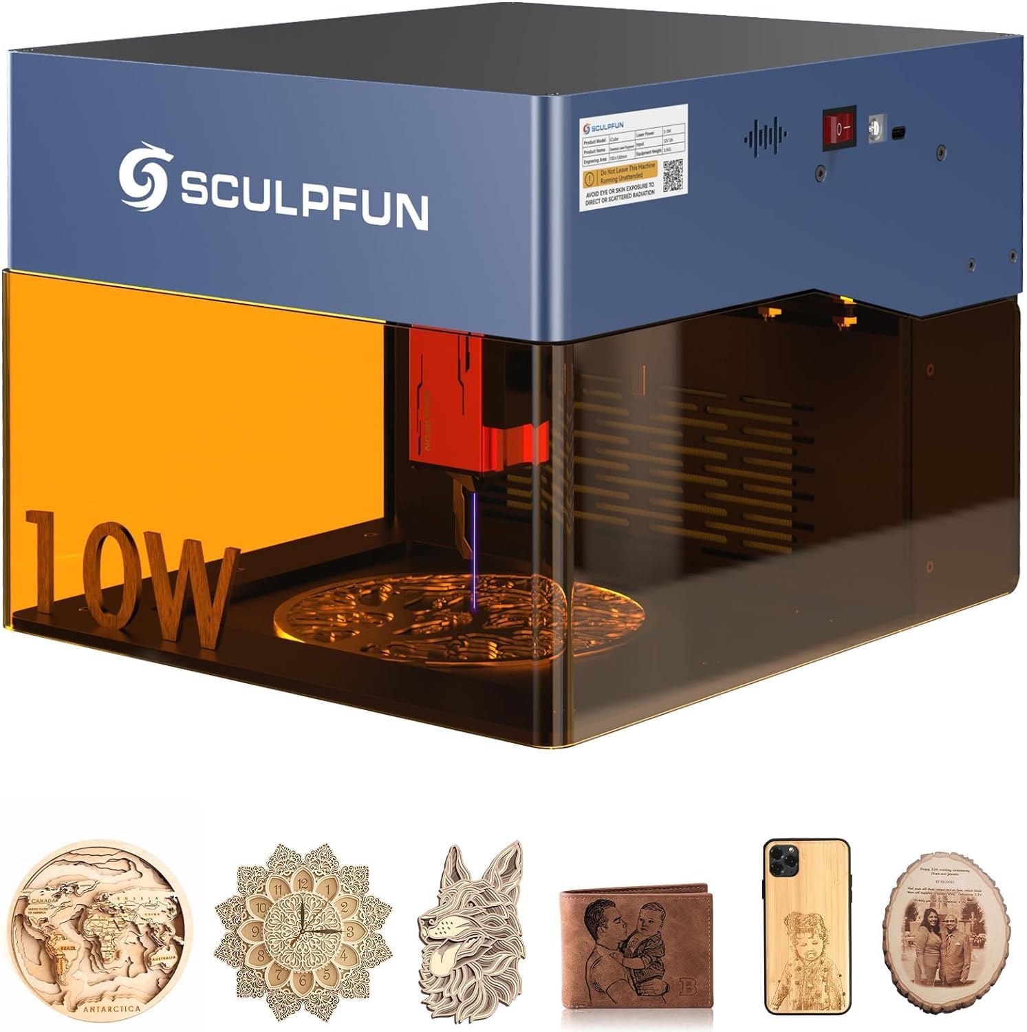 SCULPFUN iCube Pro Max Laser Engraver, High Speed Portable 10W Laser Engraving Machine with Smoke Filter for Wood, Metal, Acrylic, Leather(Engraving Area 4.72x4.72in)