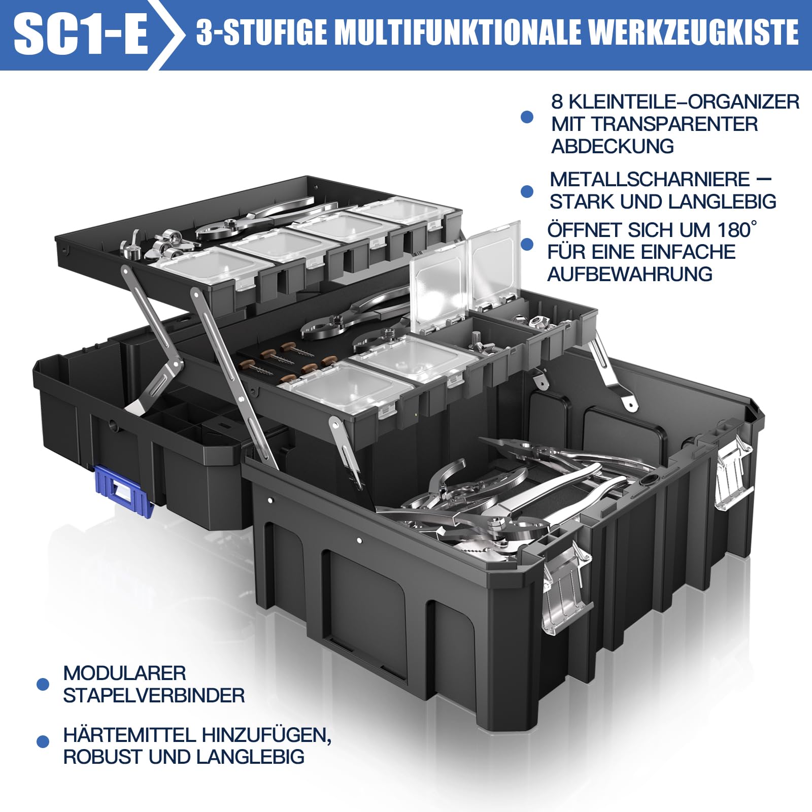 5-Lagiger Werkzeugkoffer Leer mit Rollen,Modularer,Stapelbarer Werkzeugkiste,Tragbarer Werkzeugkasten Leer mit Schublade,Robust und Langlebig,der Garage,Hausreparaturen und Professionelle Einsätze