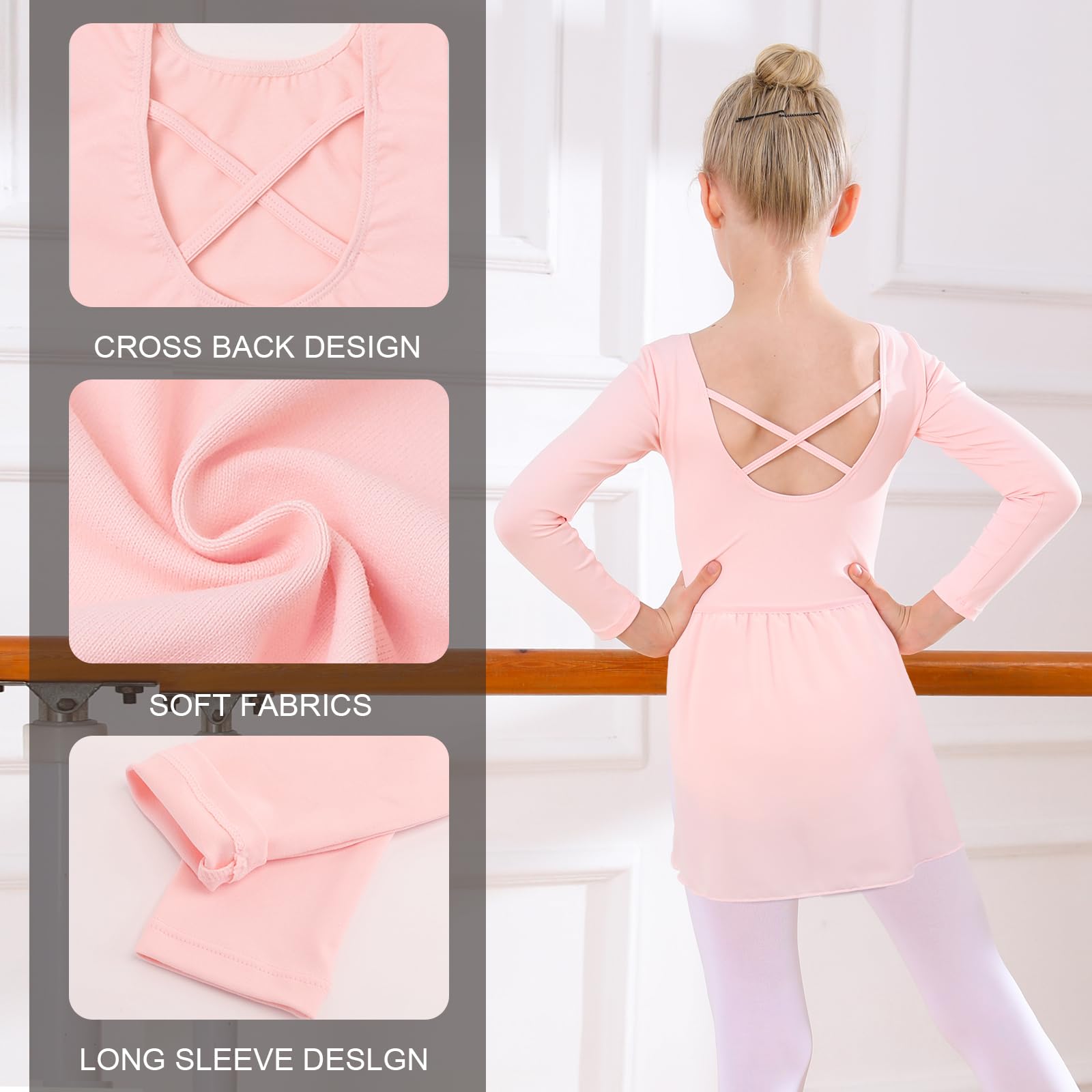 Bezioner Body Danza Classica Bambina con Gonna Rimovibile Vestito da Balletto Gonnellino Danza Manica Lunga