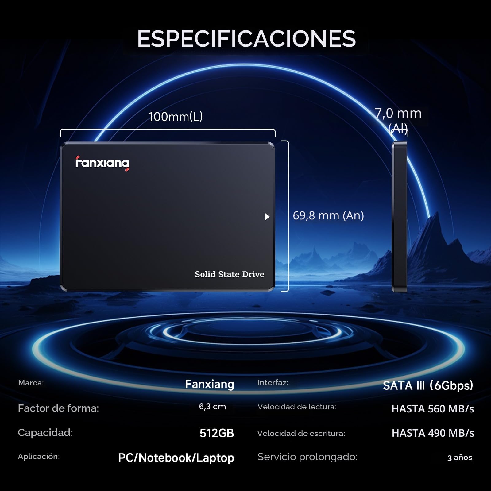 fanxiang SSD 512GB SATA III 6Gb/s 2,5", 560 MB/s de Lectura, SATA SSD 512GB, Disco Duro Interno para Conpatible con computadoras de Escritorio y portátiles