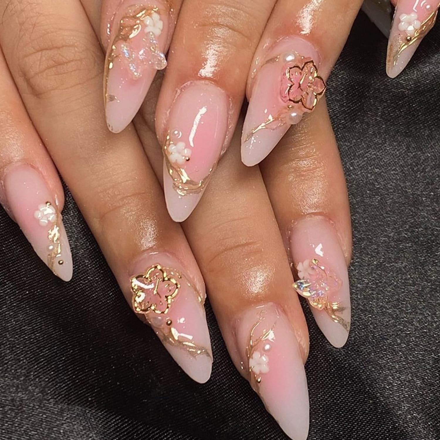Press on Nails Almond Shaped Glossy Full Cover Acrylic French Medium False Nails with Designs Artificial Fake Nails with Charms Glue ons Almond