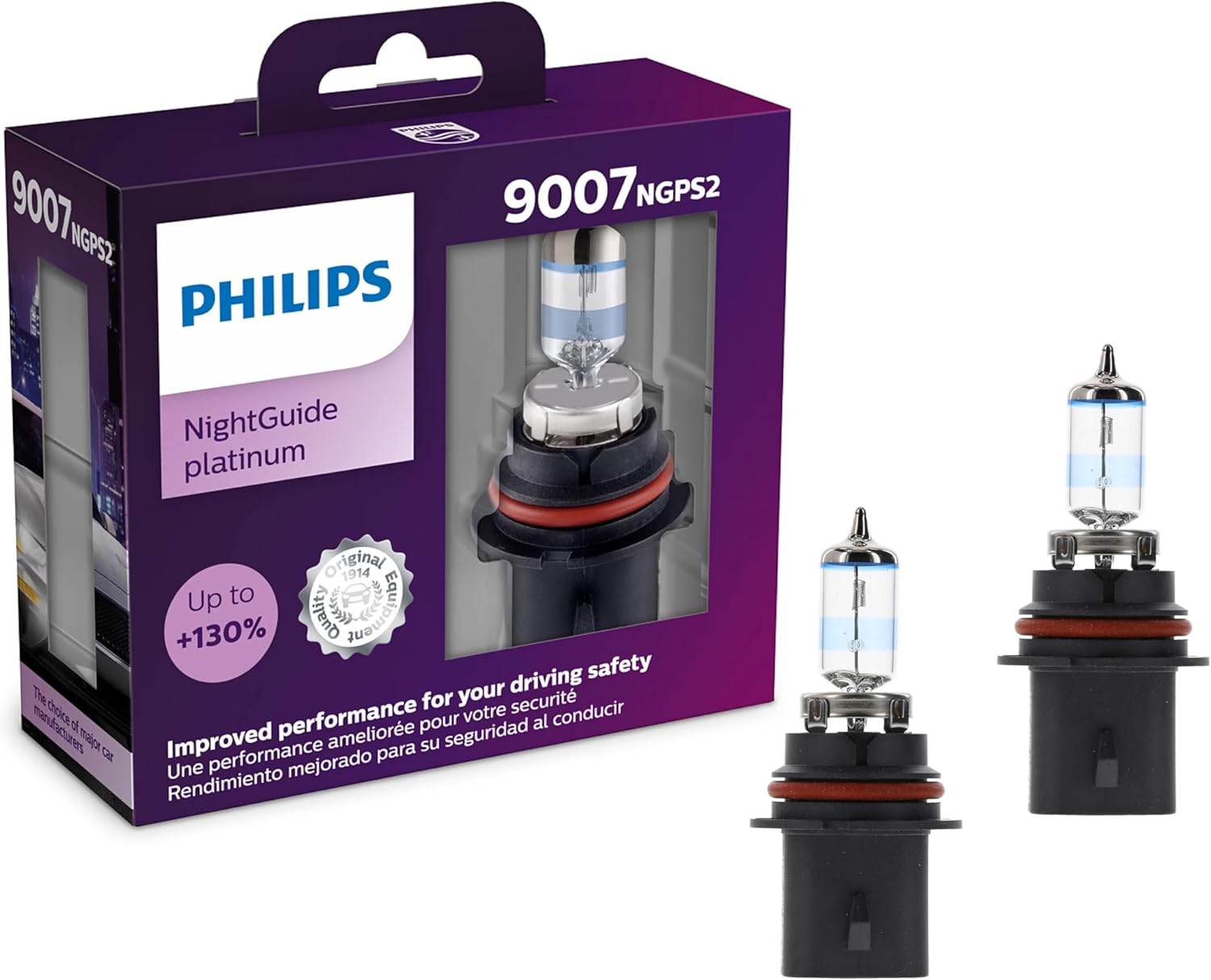 Philips Automotive Lighting 9007 NightGuide Platinum Premium Upgrade Automotive Replacement Headlight Bulb, Fits Select High Beam, Low Beam, and Fog Positions (Pack of 2)